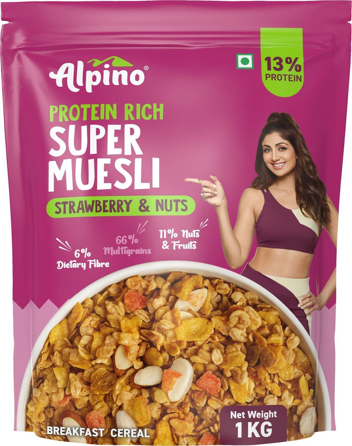 ALPINO Super Muesli Strawberry & Nuts 1kg - 13% Protein, Multi-Grain, Rolled Oats Pouch