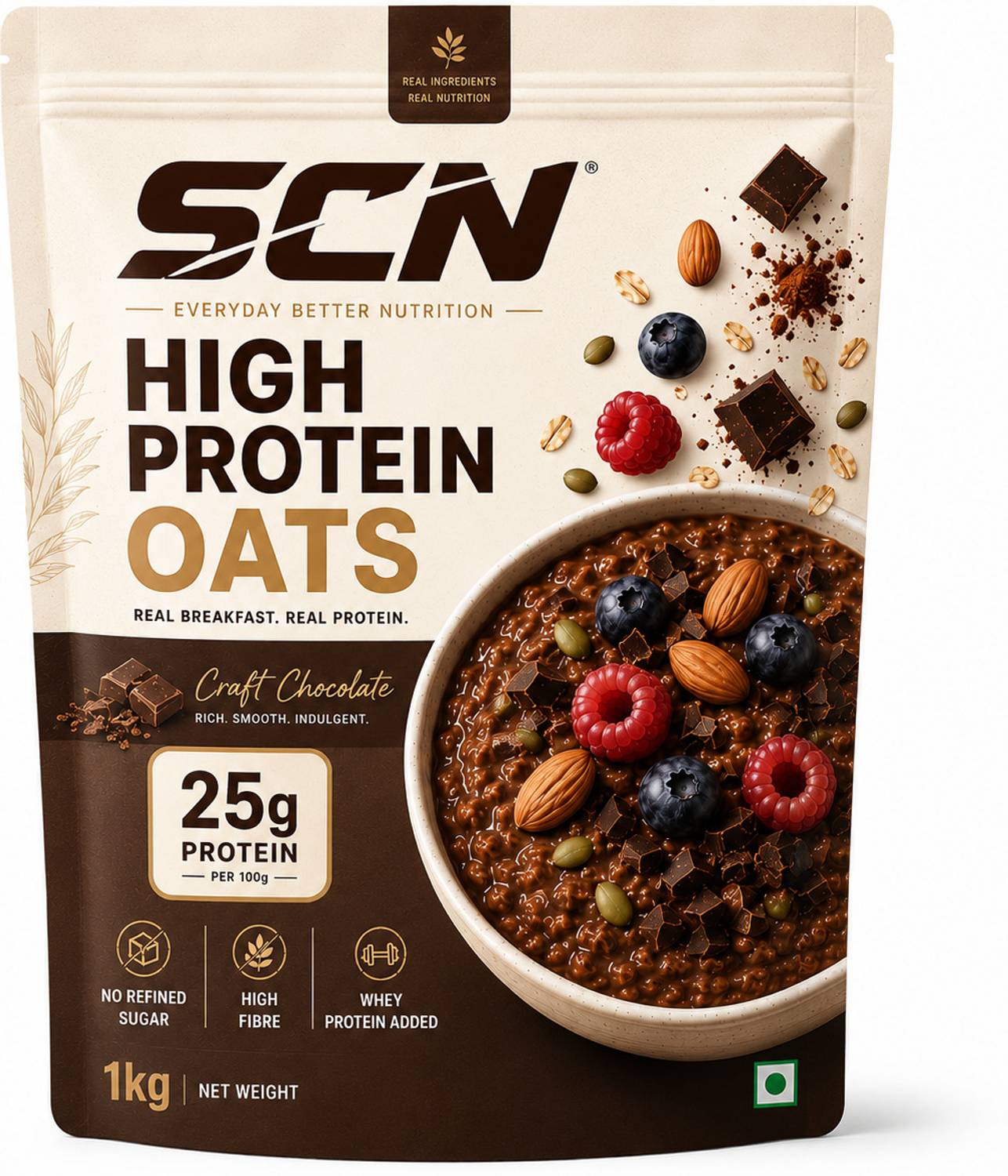 SSN 26g High Protein Dark Chocolate Oats with Almonds 1kg - Image 1
