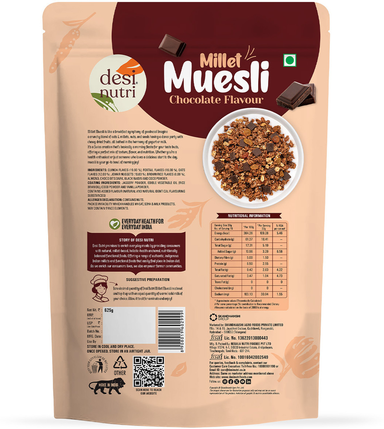 Image of DesiNutri Millet Muesli Chocolate Flavour 625grams | Ready to eat breakfast | High protein Pouch