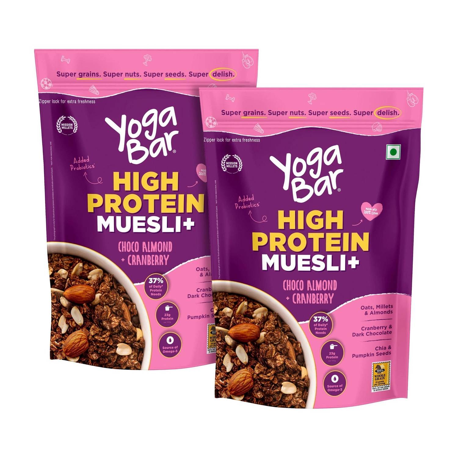 Yogabar Protein Muesli 1.7kg Choco Almond&Cranberry with Probiotics and Omega 3|850g x 2 Pouch