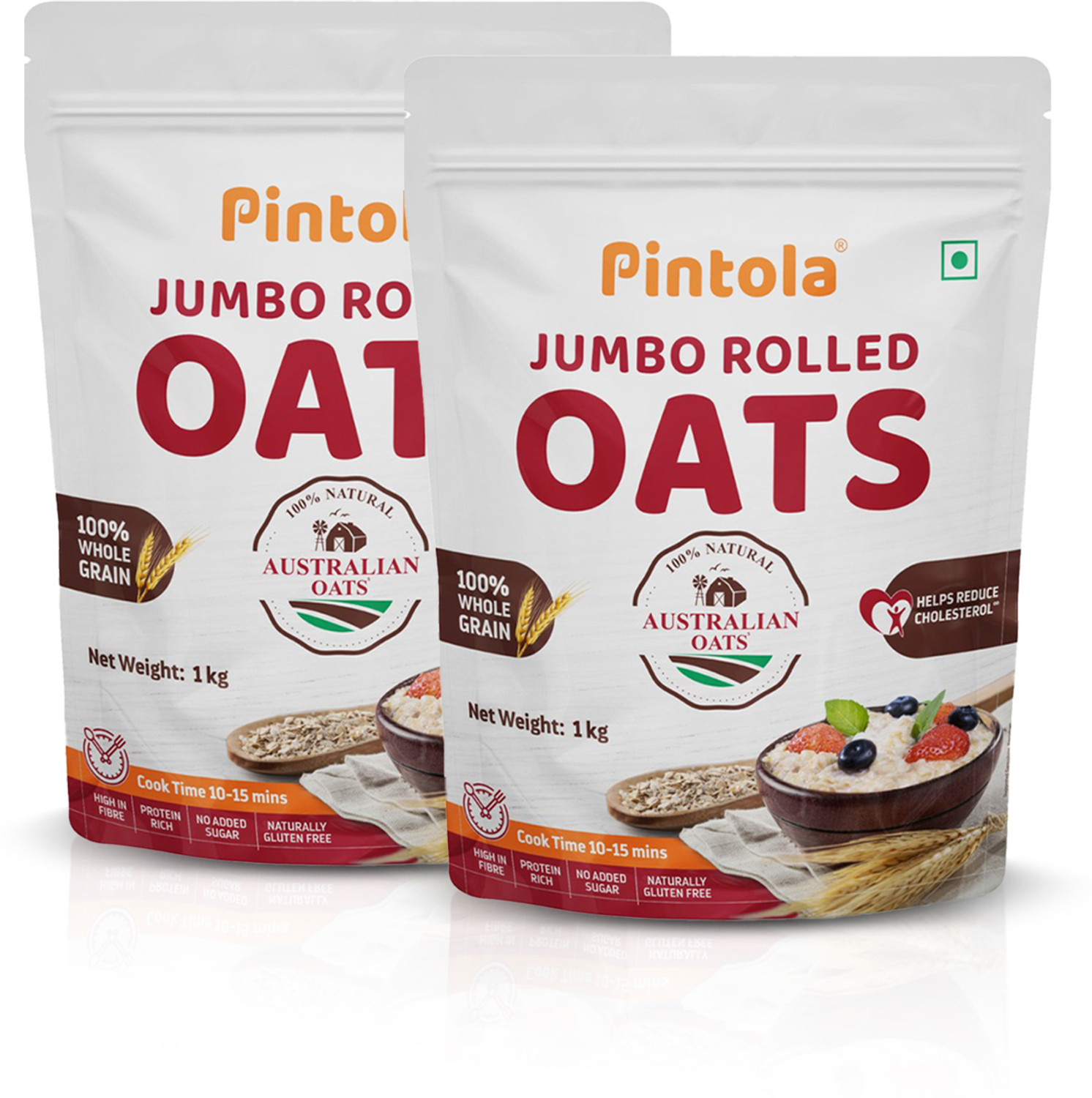 Image of Pintola Combo Pack of 2 Jumbo Rolled Oats 1kg, 100% Natural Wholegrain, Gluten-Free Pouch