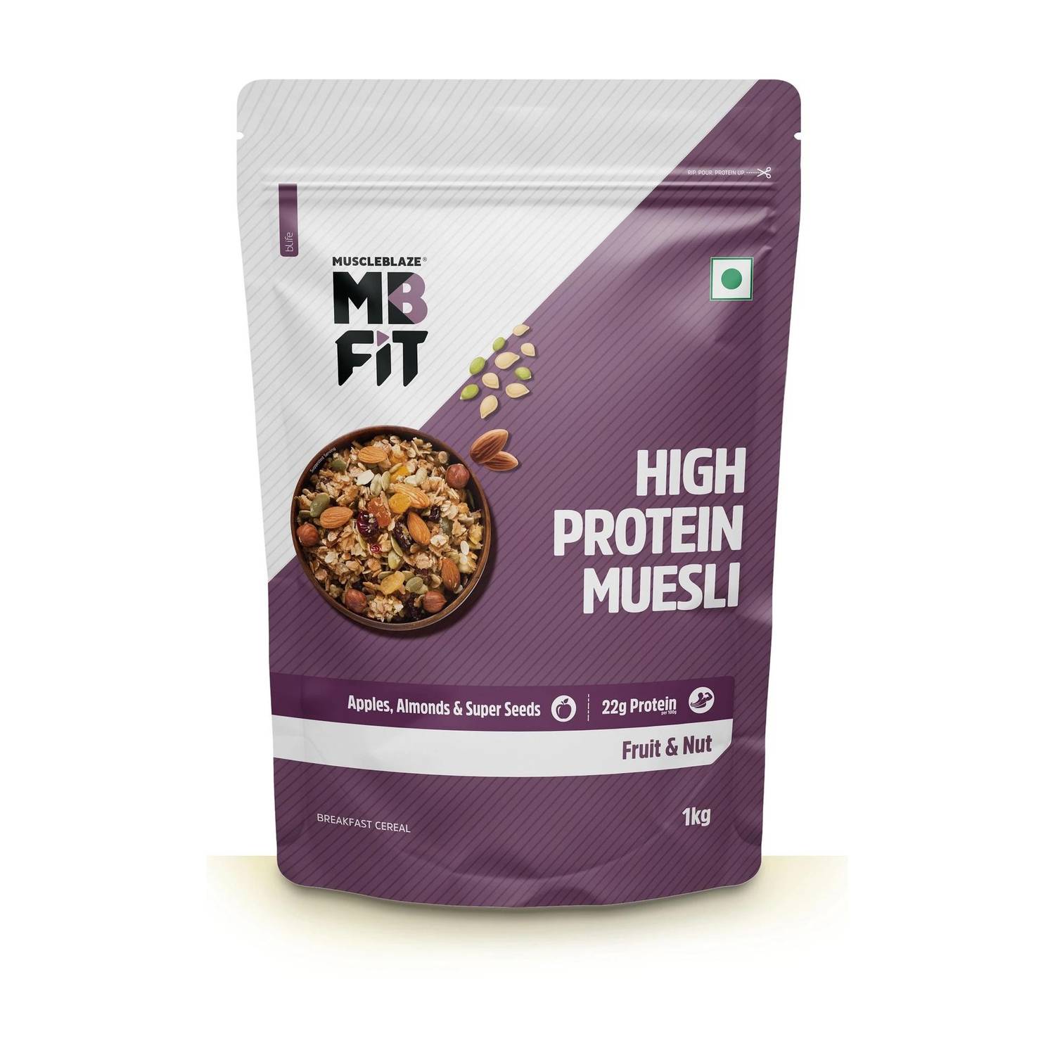 MUSCLEBLAZE High Protein Muesli, Fruits & Nut, 18 g Protein, with Superseeds, Raisins & Almonds, Ready to Eat Healthy Snack Pouch