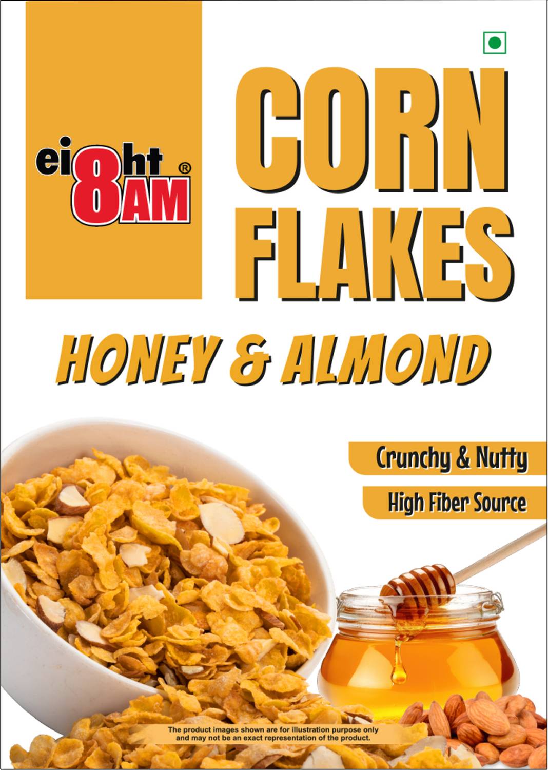 8AM Corn Flakes Honey Almond 300g, Healthy, Crunchy & Tasty Snack, Breakfast Cereal Box