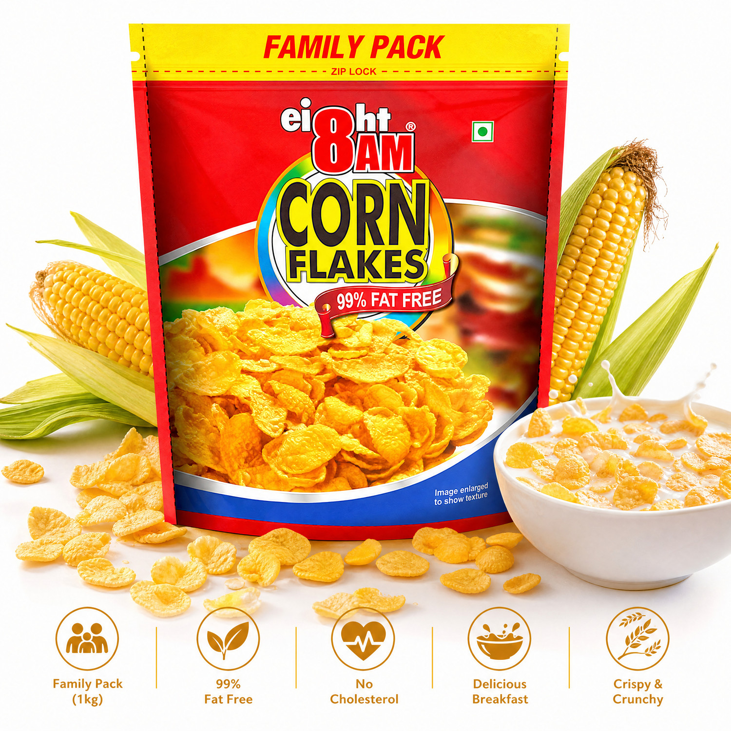 Image of 8AM Cornflakes Family Pack (3 x 1 KG), 92% Corn, 99% Fat Free, No Cholesterol Pouch (3 x 1 kg)