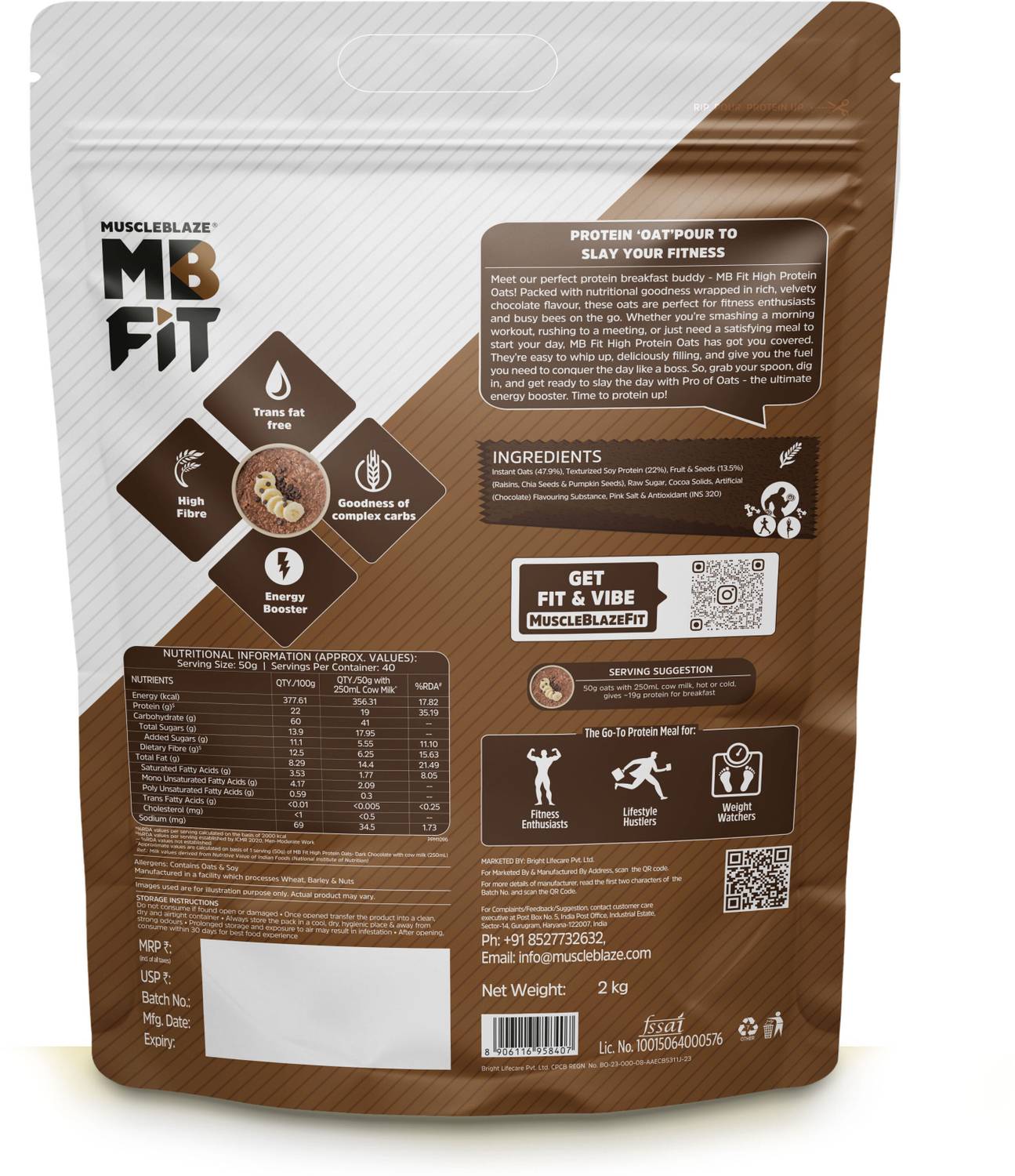 MUSCLEBLAZE High Protein Oats, Dark Chocolate, 1 kg - Image 2