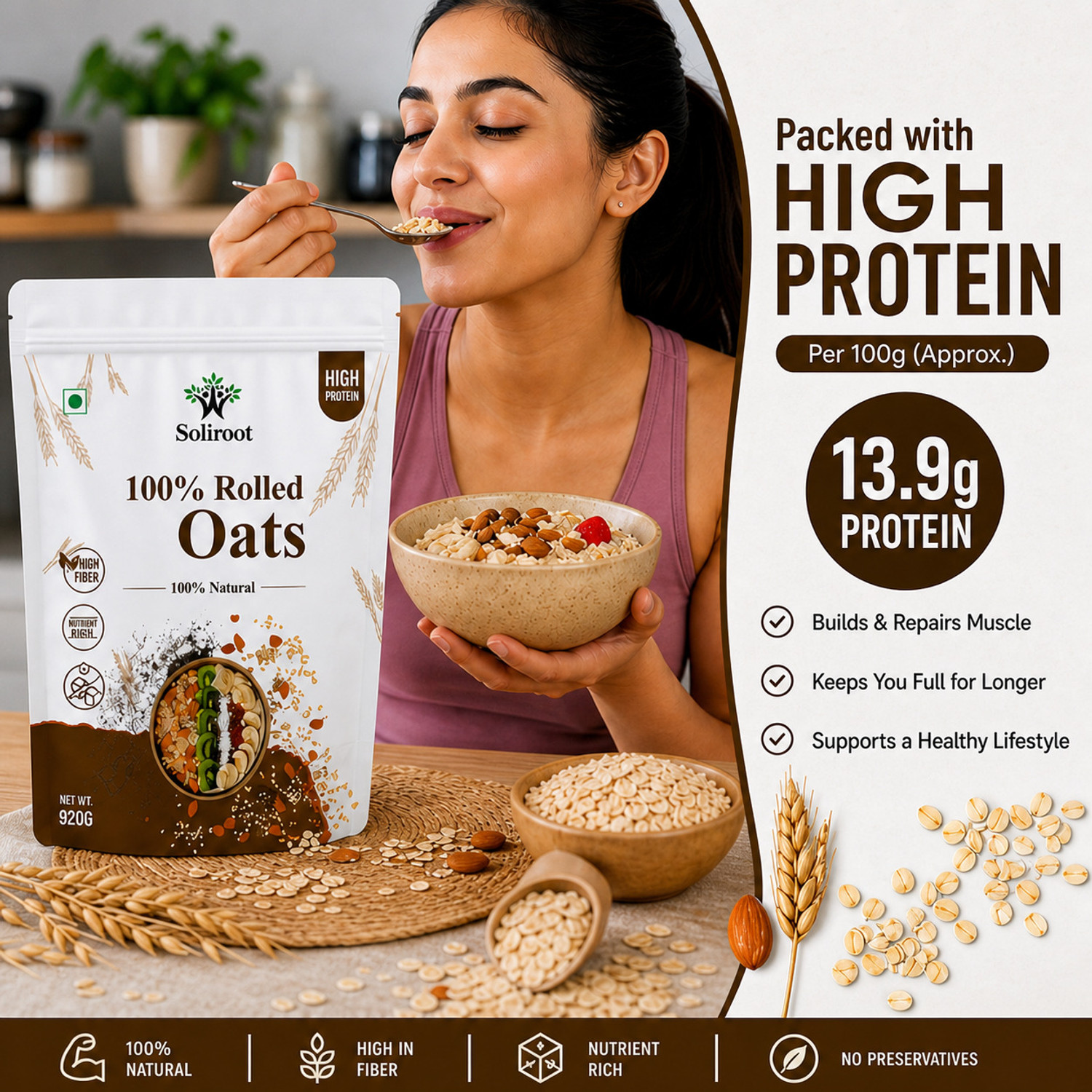 Image of Soliroot Premium Protien Rich Rolled Oats | High Fiber Healthy Breakfast Whole Grain Oats Pouch