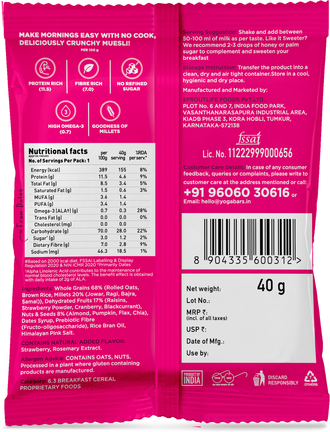 Image of Yogabar Fruit + Nuts & Seeds Muesli, Super Save Pack, Wholegrain Breakfast, High Fiber Pouch (40 g)