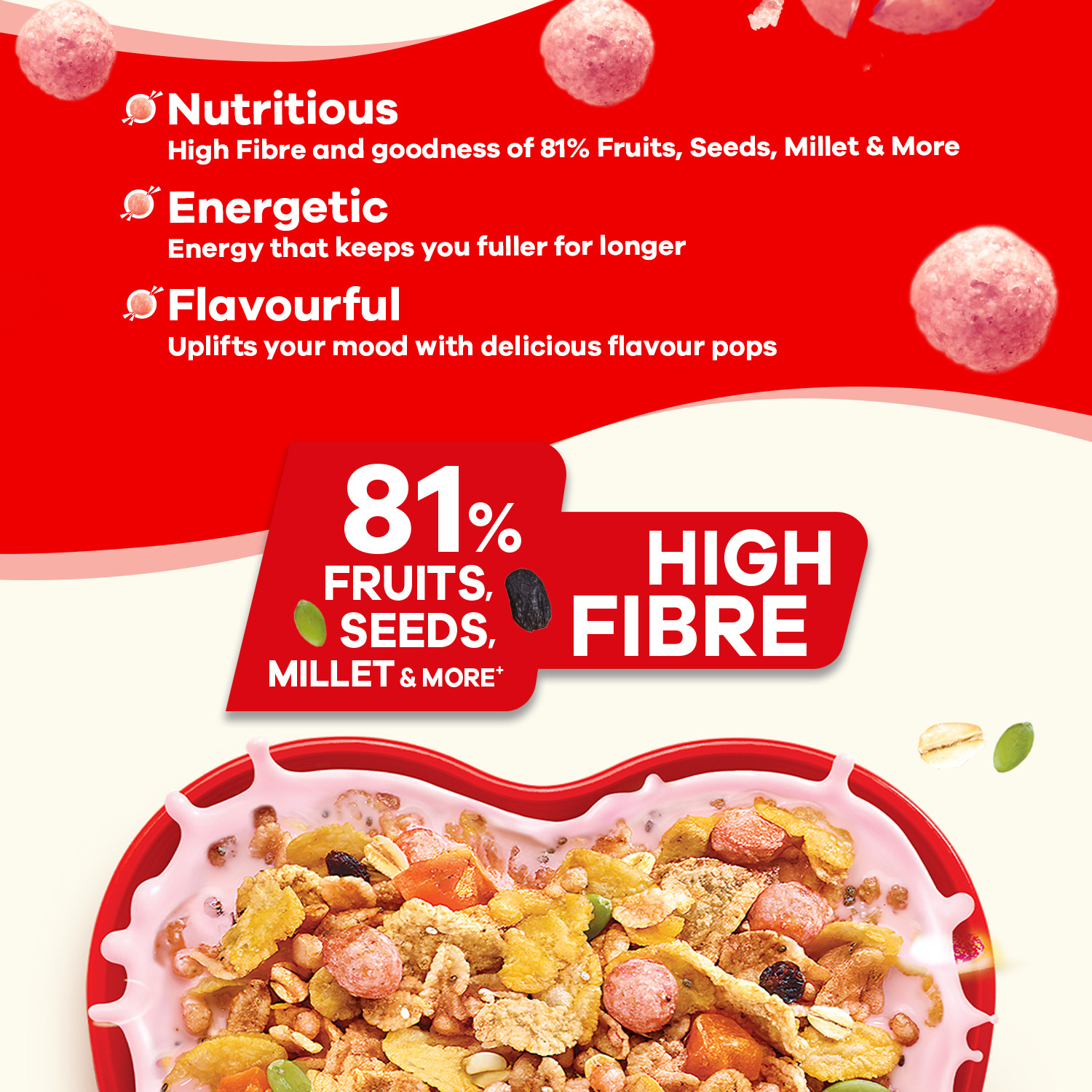 Image of Saffola Millet Muesli Fruit Crunch with Crunchy Flavour Pops & High Fibre Pouch