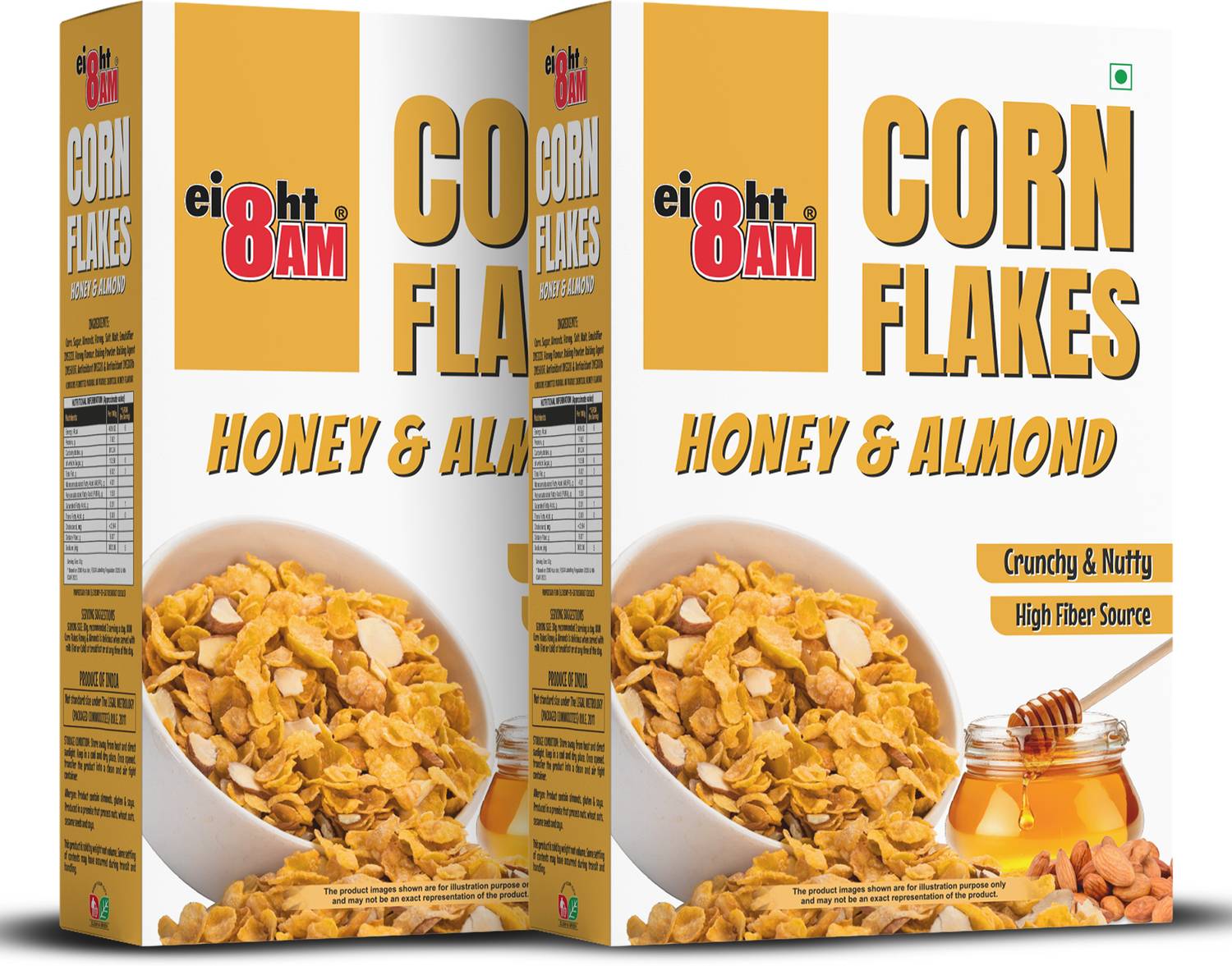 8AM Corn Flakes Honey & Almond, Healthy, Crunchy & Tasty Snack, Breakfast Cereal Box