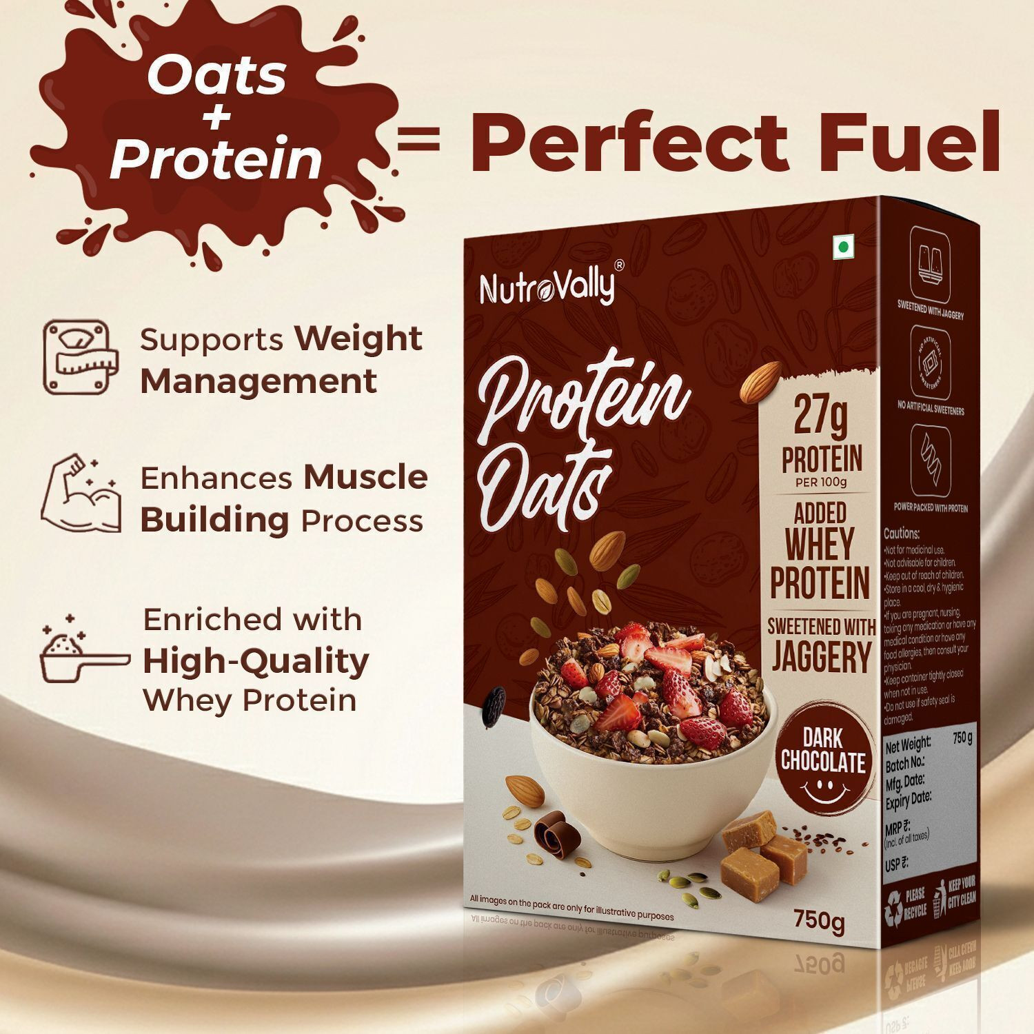 Image of NutroVally by 27g Protein, Protein Oats 27g with Whey Dark Chocolate No Sugar Box