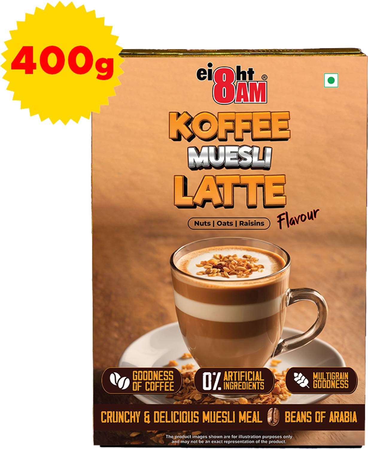 8AM Koffee Muesli Latte | Coffee, Oats, Black Raisins & Bran | 100% Arabica Beans | Box