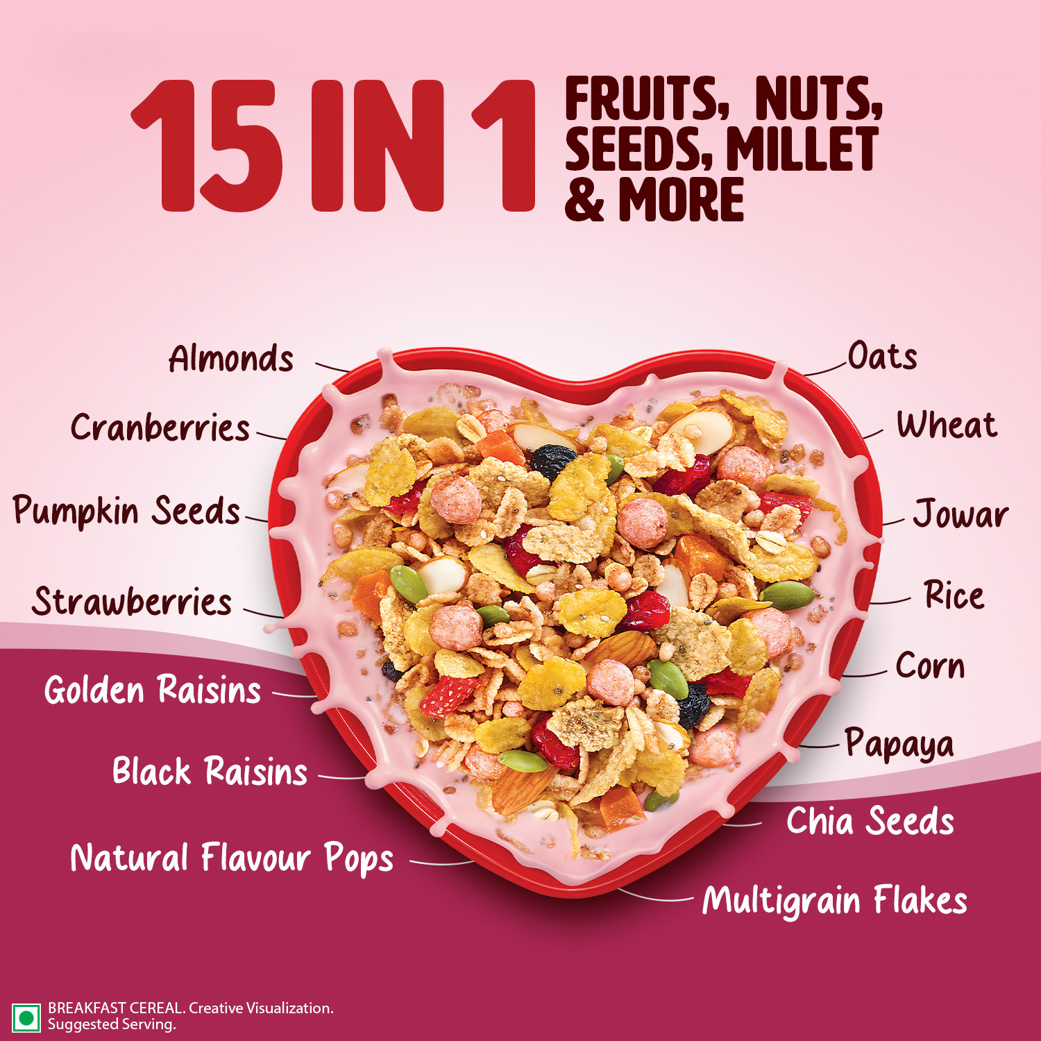 Image of Saffola Muesli Berry Crunch with Flavour Pops, 15 in 1 Fruit, Nuts, Millet & more Pouch