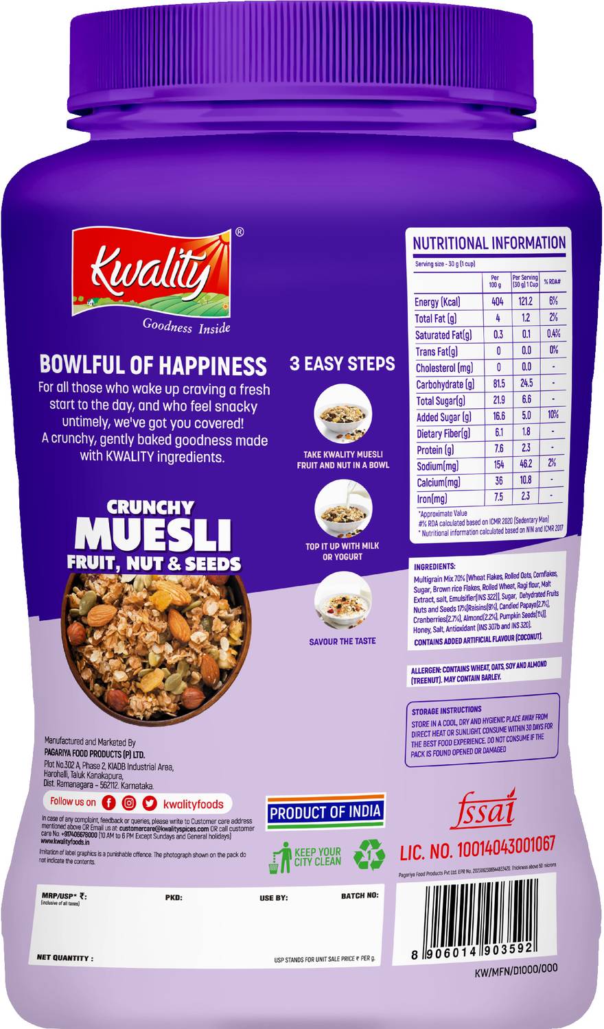 Kwality Crunchy Muesli Fruit, Nut & Seed 87% Multigrains 1kg - Image 2