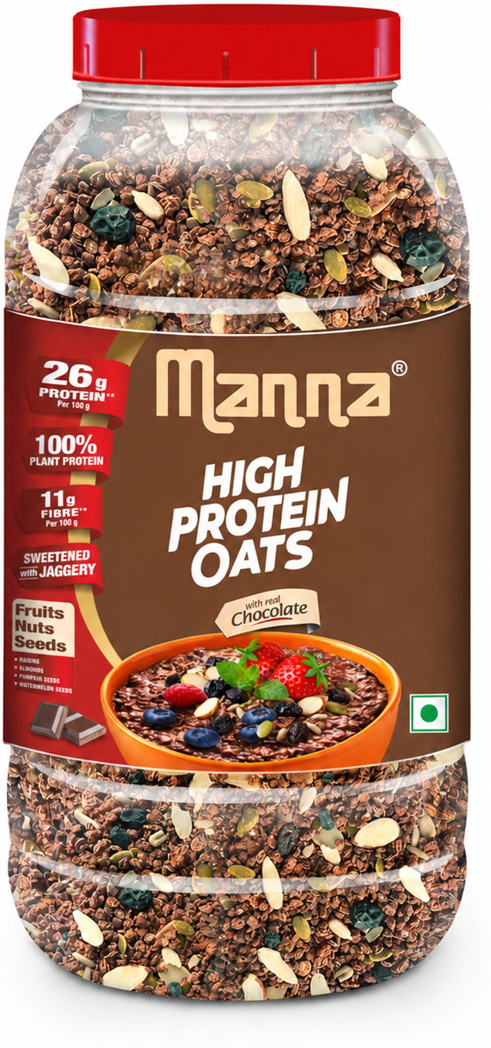 Image of Manna High Protein Oats - 26g Protein & 11g Fibre | Real Chocolate | Nuts & Seeds Jar