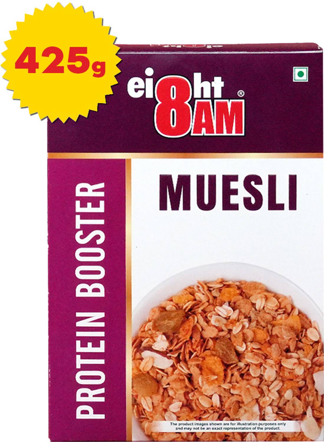 8AM Museli Protein Booster High Fiber, Fruits & Nuts, Wheat Flakes, Muesli Cereal Box