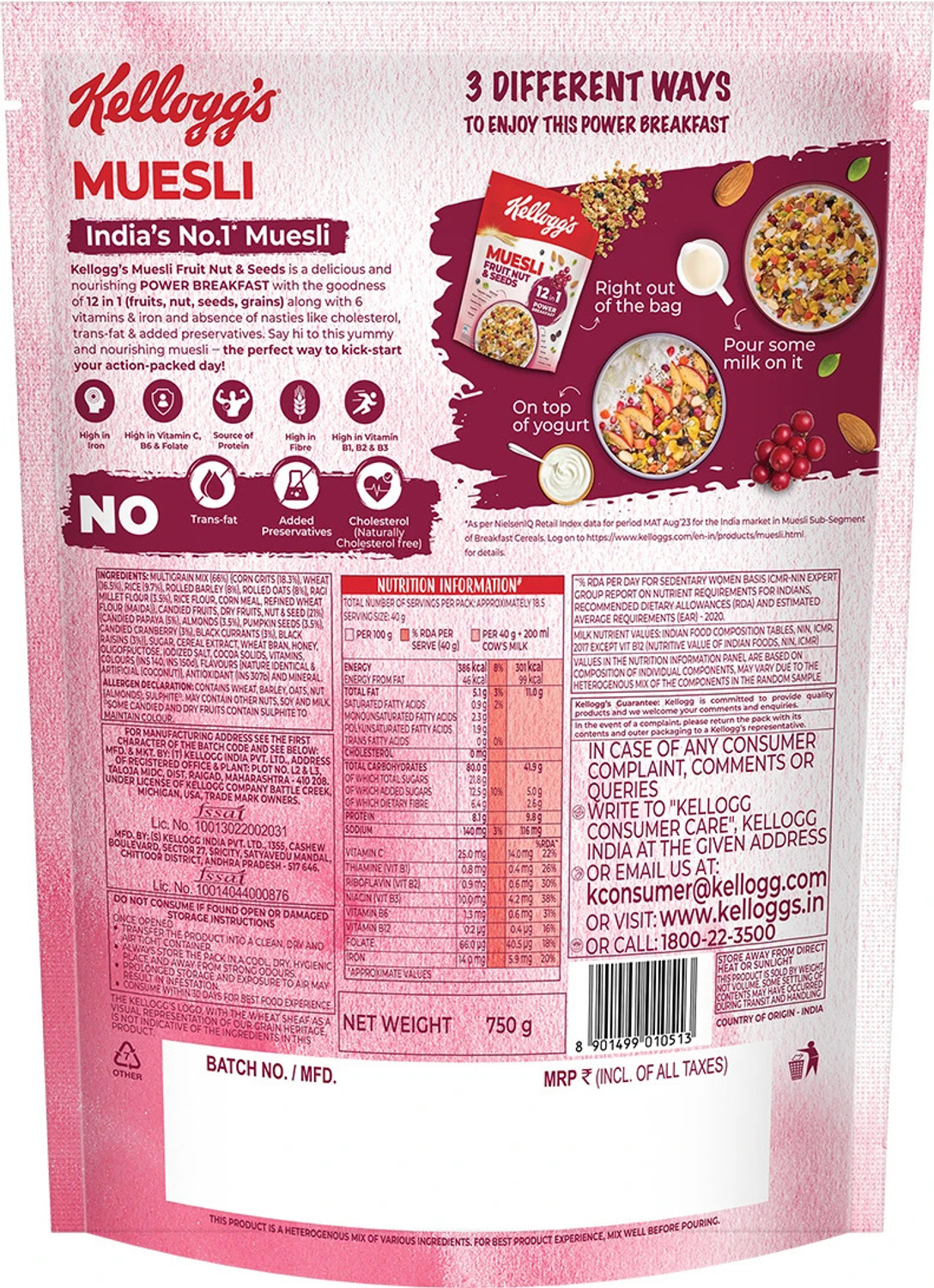 Image of Kellogg's by Kellogg's MUESLI FRUIT & NUT 750GM (750 g, Pouch) Pouch