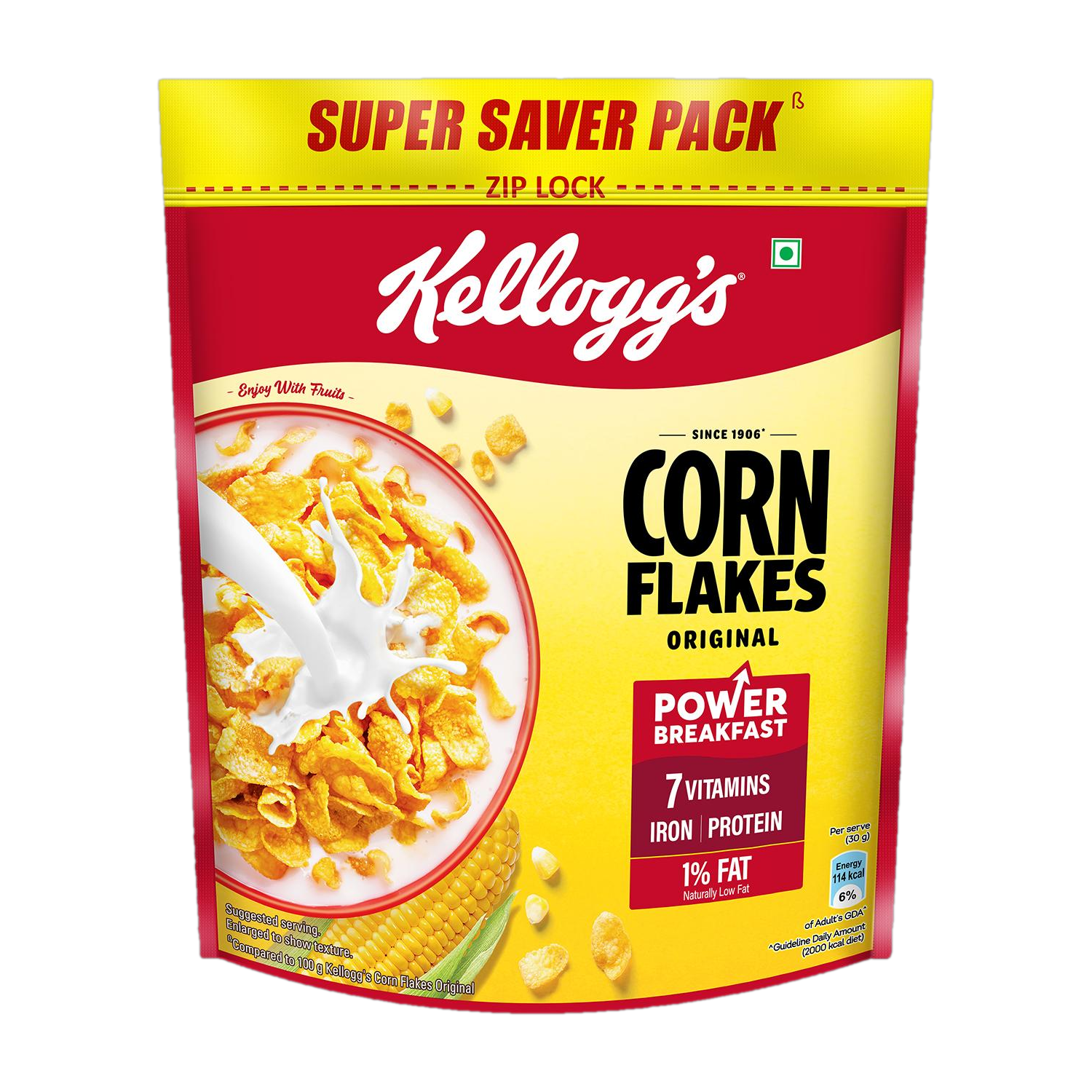 Kellogg's Corn Flakes Original 900g | Power Breakfast | 7 Vitamins & Protein Pouch