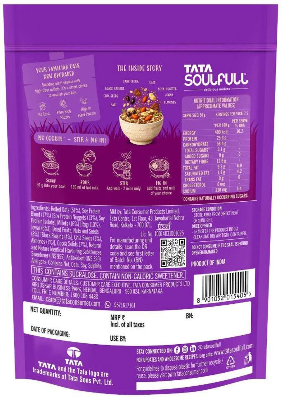 Tata Soulfull Protein Dark Cocoa & Almond Oats 375g - Image 2