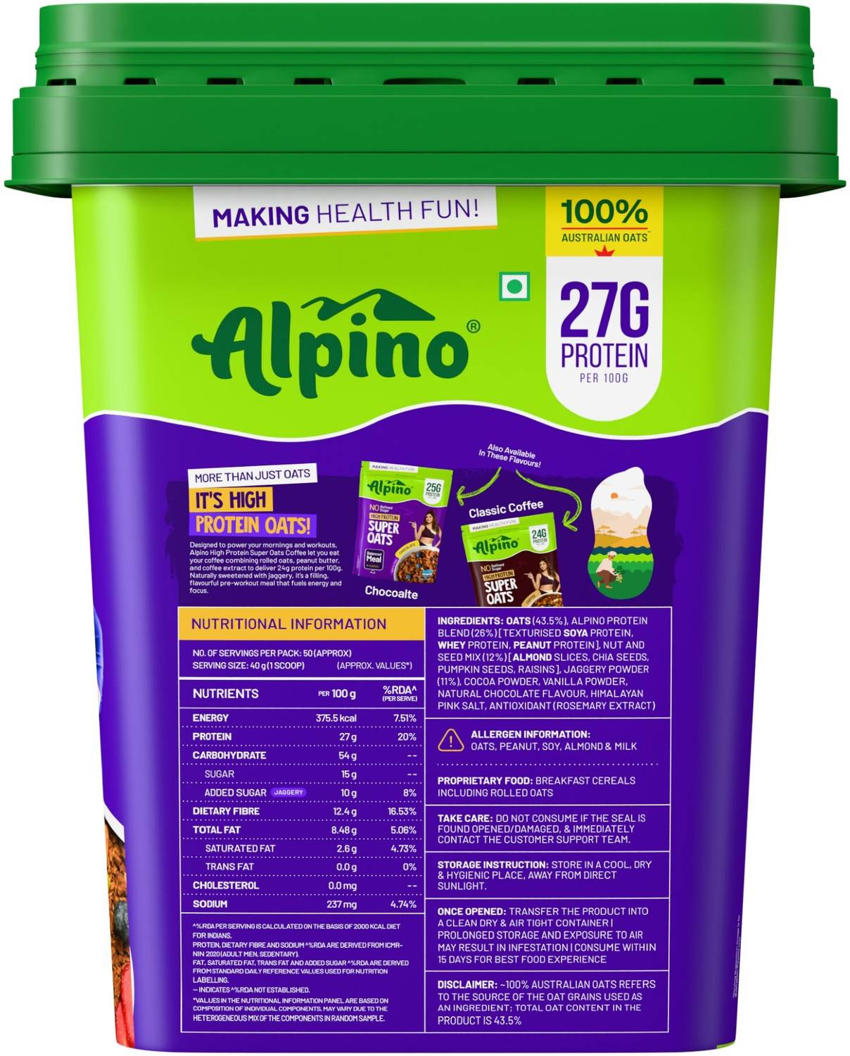 ALPINO 27g High Protein Oats Dark Chocolate 2kg - Image 2