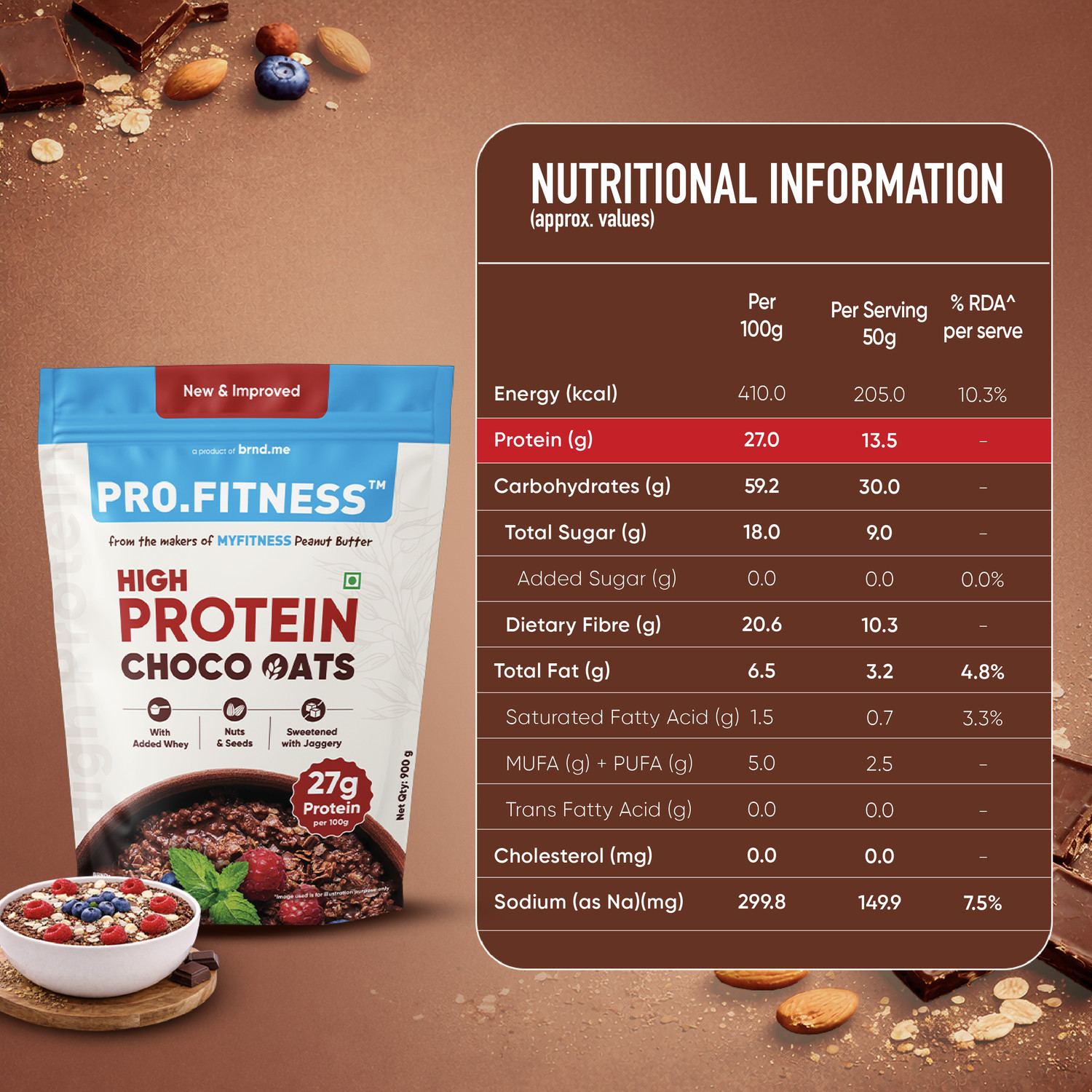Image of Pro.Fitness 27g High Protein Choco Oats (By MyFitness) with Nuts & Seeds Pouch