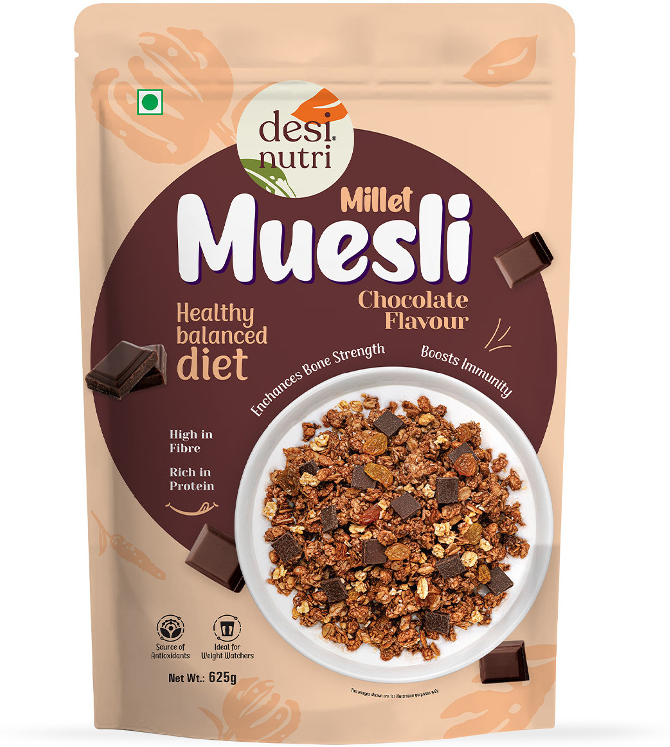 Image of DesiNutri Millet Muesli Chocolate Flavour 625grams | Ready to eat breakfast | High protein Pouch