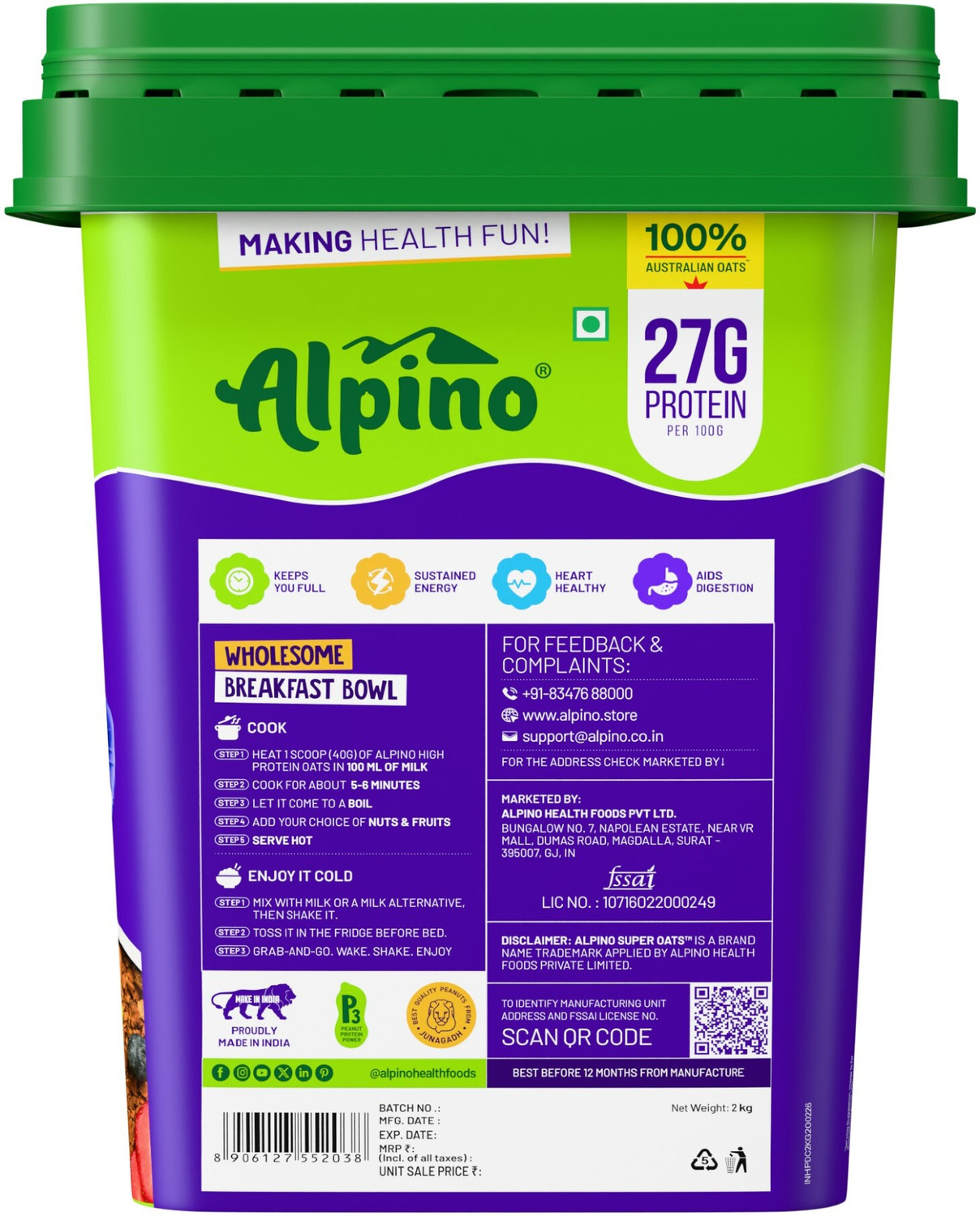 Image of ALPINO 27g High Protein Oats Dark Chocolate 2kg - Rolled Oats,Nuts & Seeds Box