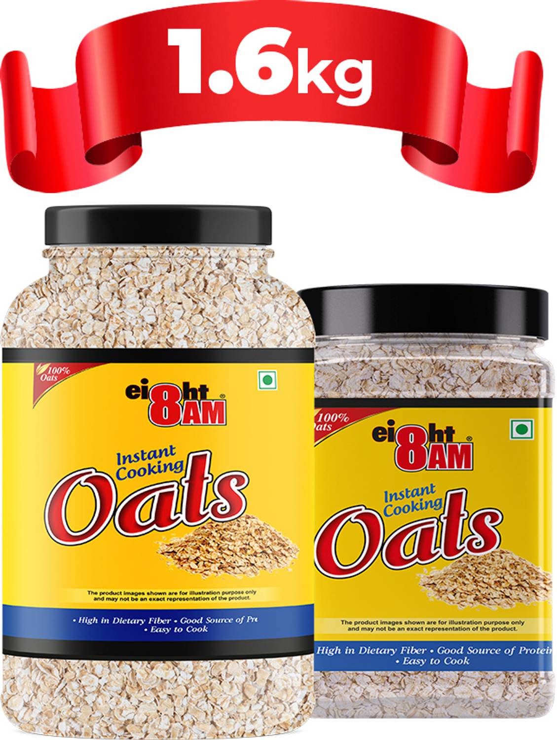 8AM Instant Plain Oats 1.1kg + 500g Jar, Healthy, Tasty & Nutritious Snack Plastic Bottle