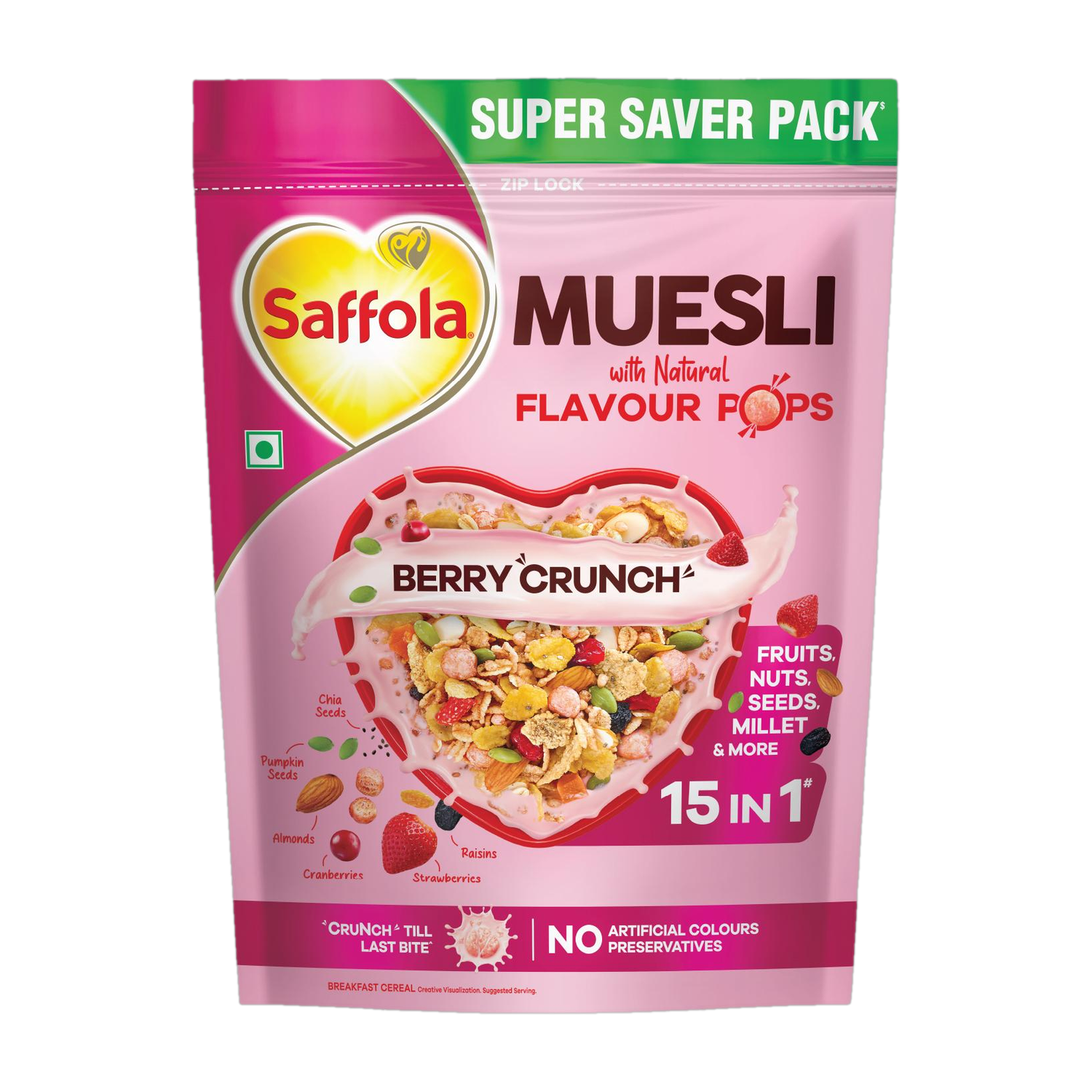 Image of Saffola Muesli Berry Crunch with Flavour Pops, 15 in 1 Fruit, Nuts, Millet & more Pouch