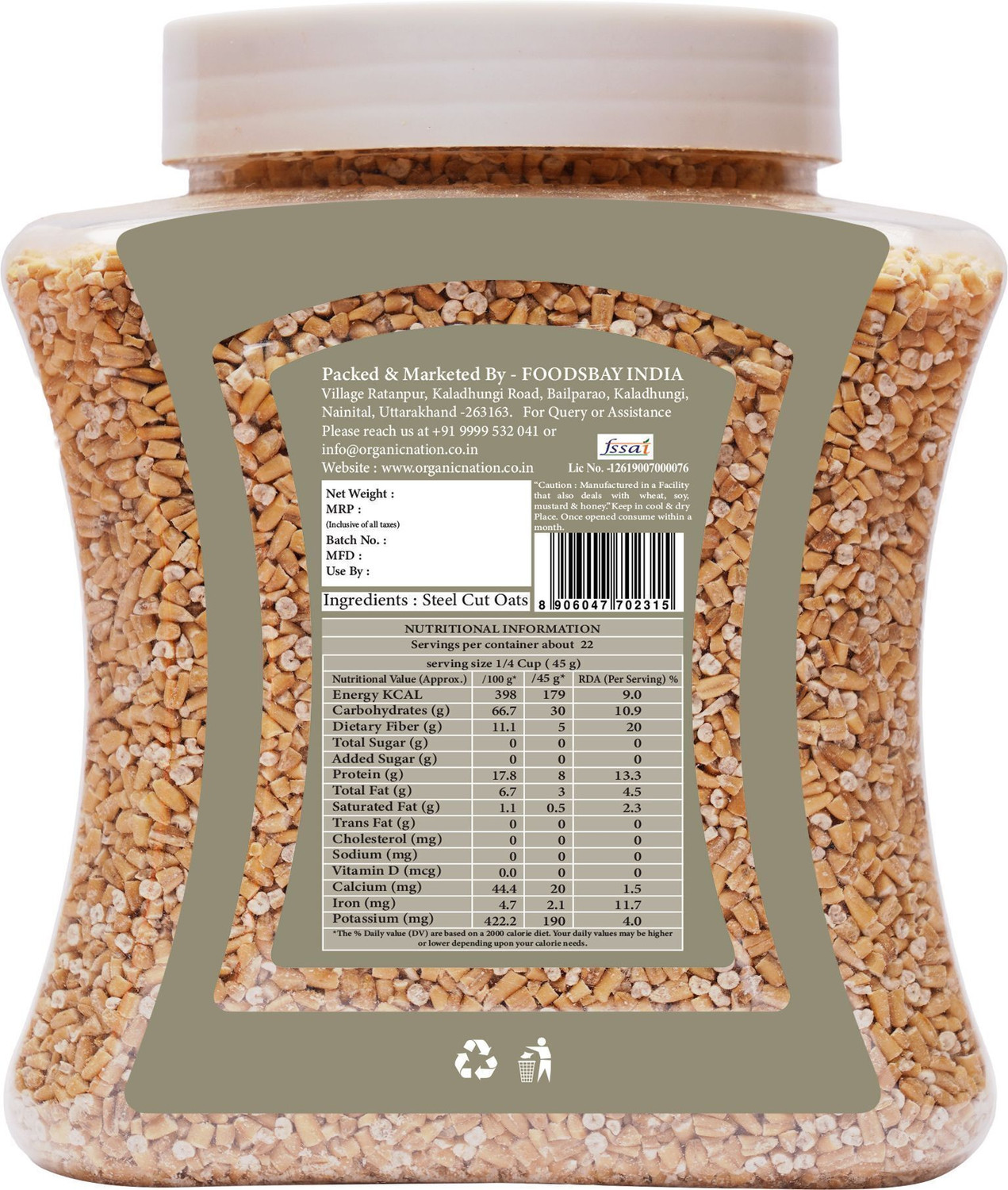 Image of Organic Nation by Organic Nation Steel Cut Oats|Whole Grain Oats|Gluten-Free | Healthy Breakfast Plastic Bottle