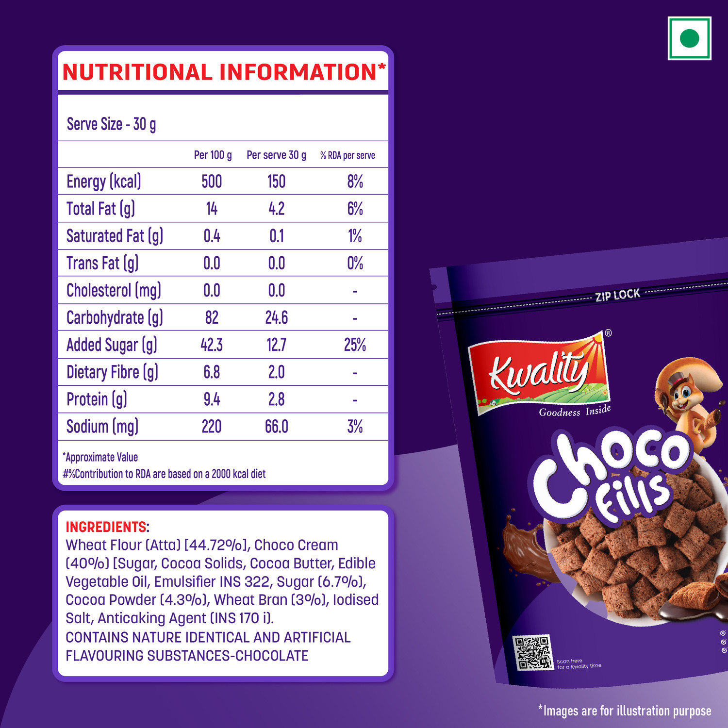Image of Kwality by Kwality Choco Fills, 0% Maida, Filled With Rich Chocolate Breakfast Cereals for kids Box