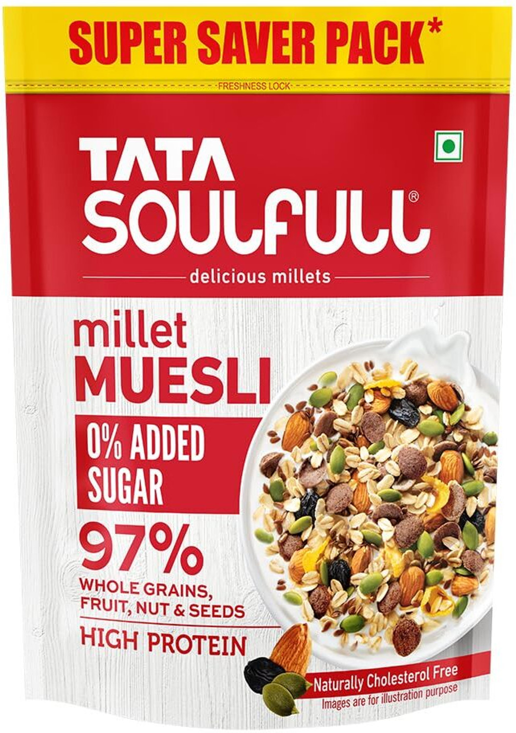 Image of Tata by na Soulfull 0% Added Sugar Millet Muesli, Fruit, Nut & Seeds, Contains Ragi Flakes Pouch