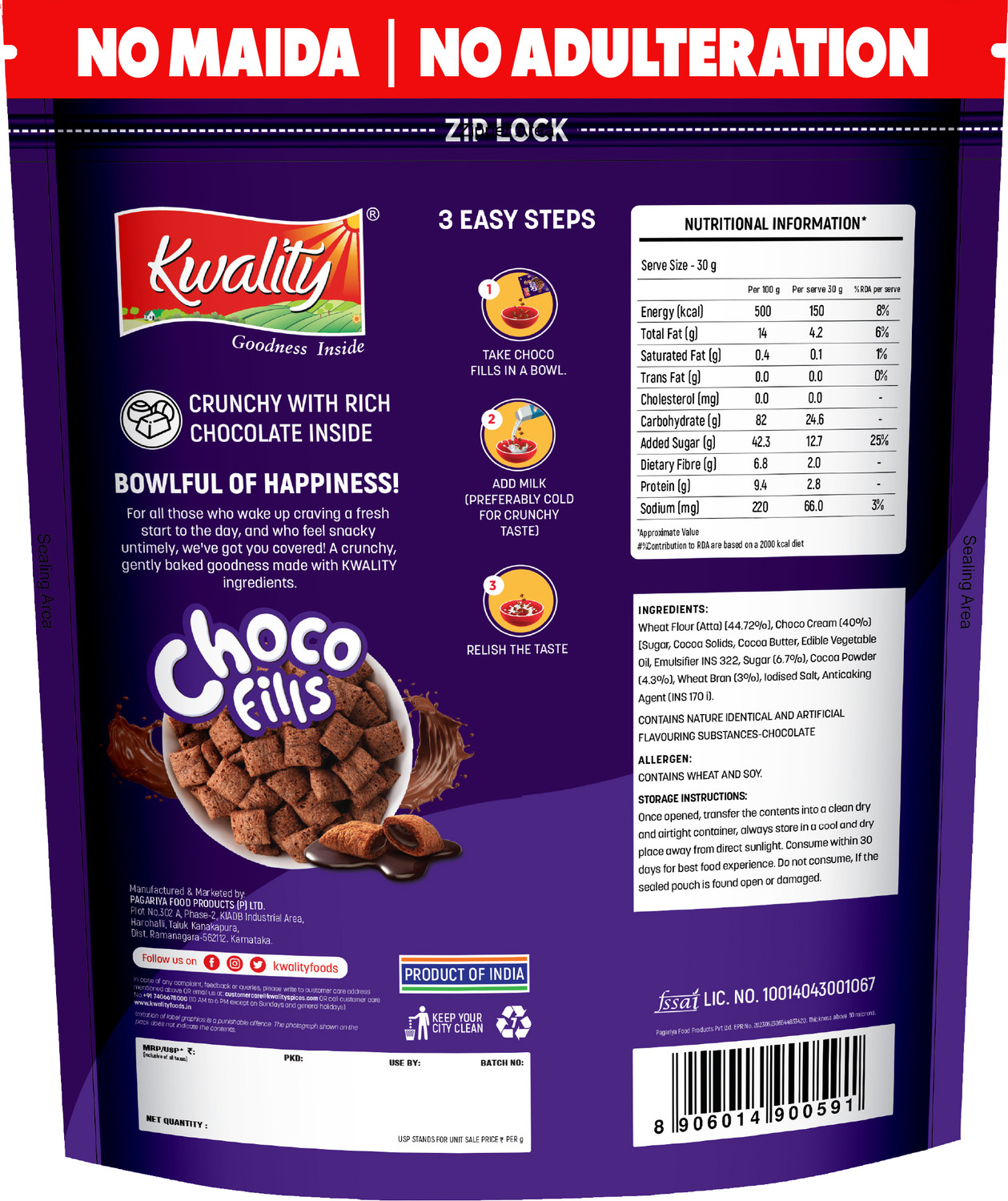 Image of Kwality by Kwality Choco Fills, 0% Maida, Filled With Rich Chocolate Breakfast Cereals for kids Box