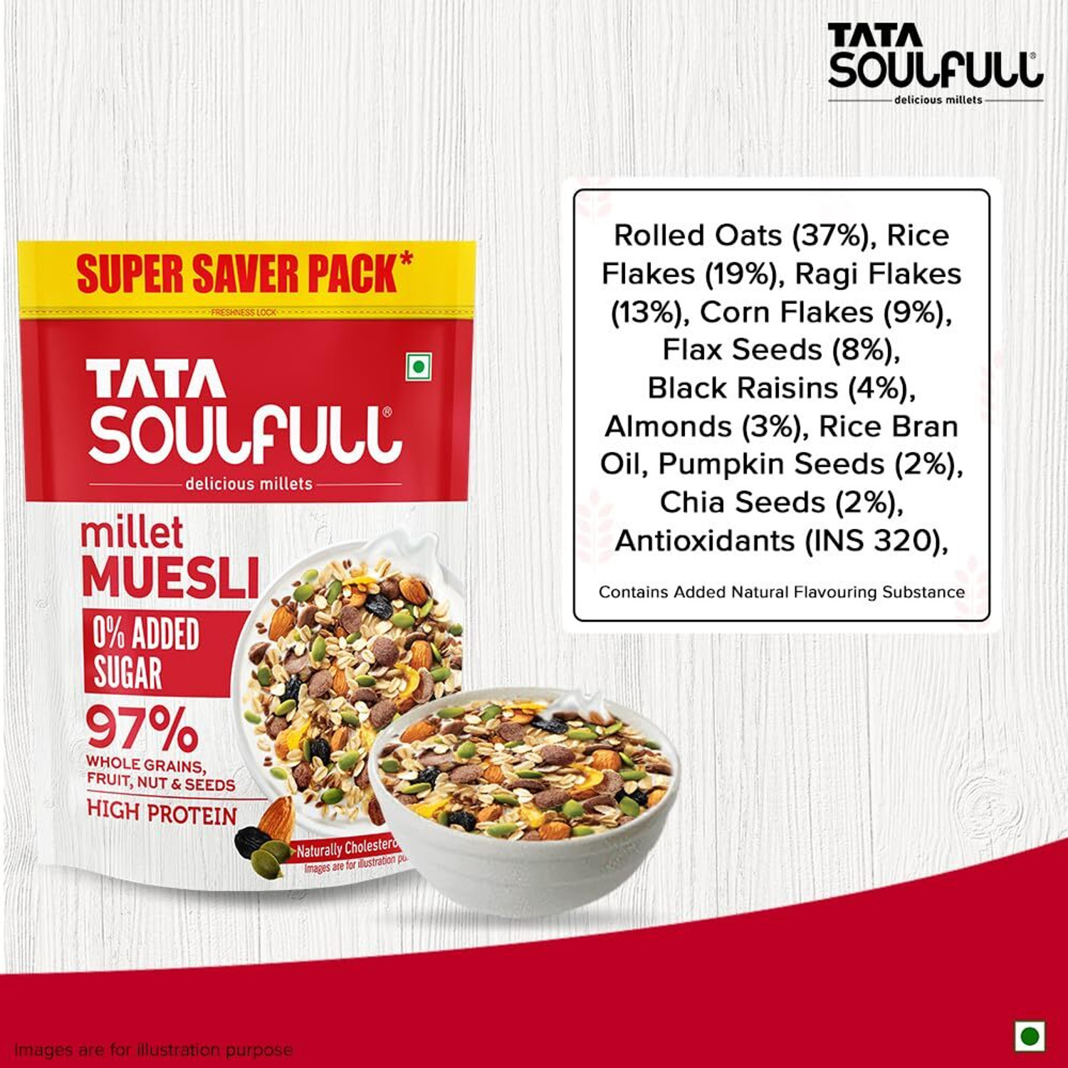 Image of Tata by na Soulfull 0% Added Sugar Millet Muesli, Fruit, Nut & Seeds, Contains Ragi Flakes Pouch