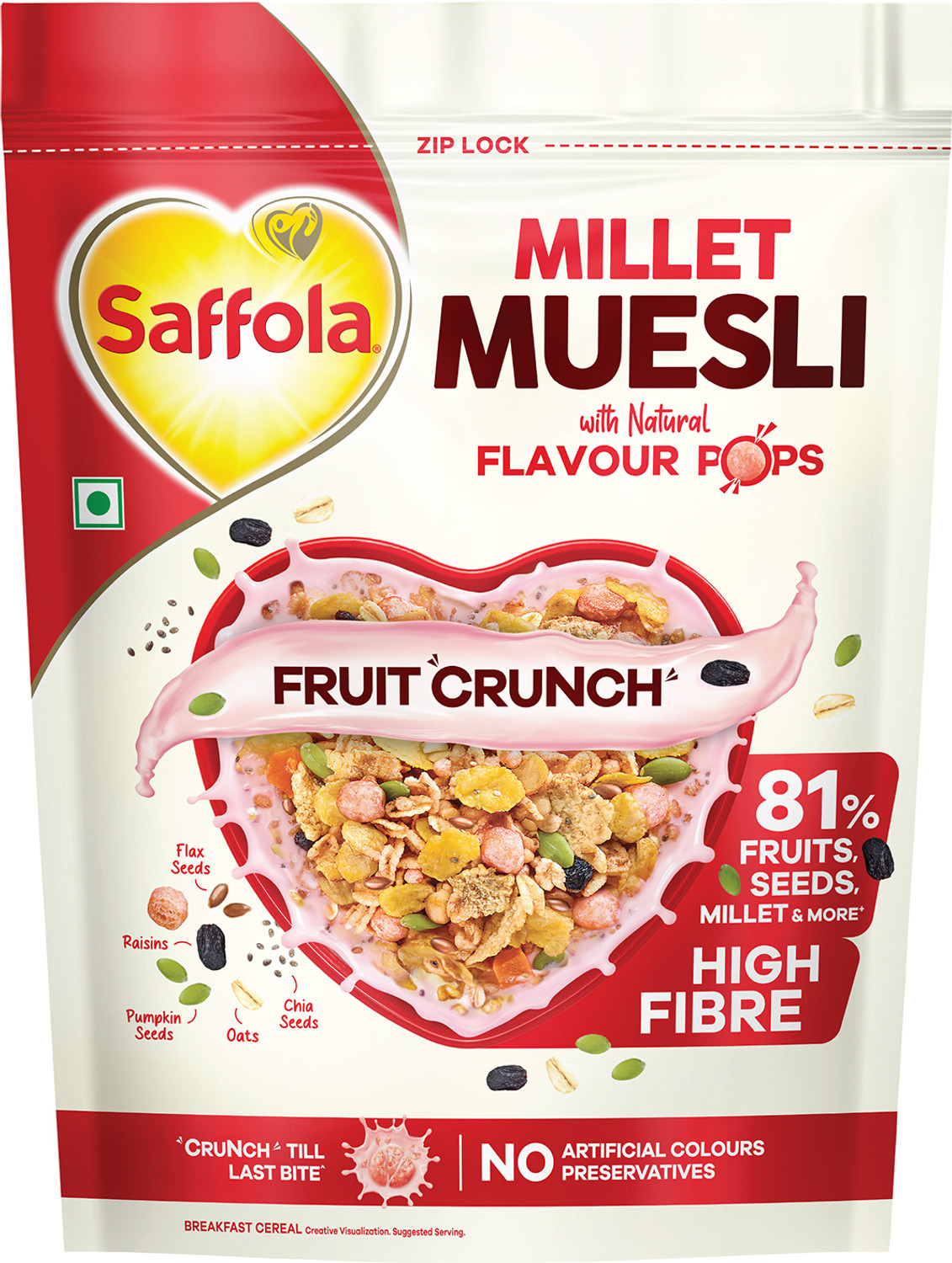 Image of Saffola Millet Muesli Fruit Crunch with Crunchy Flavour Pops & High Fibre Pouch