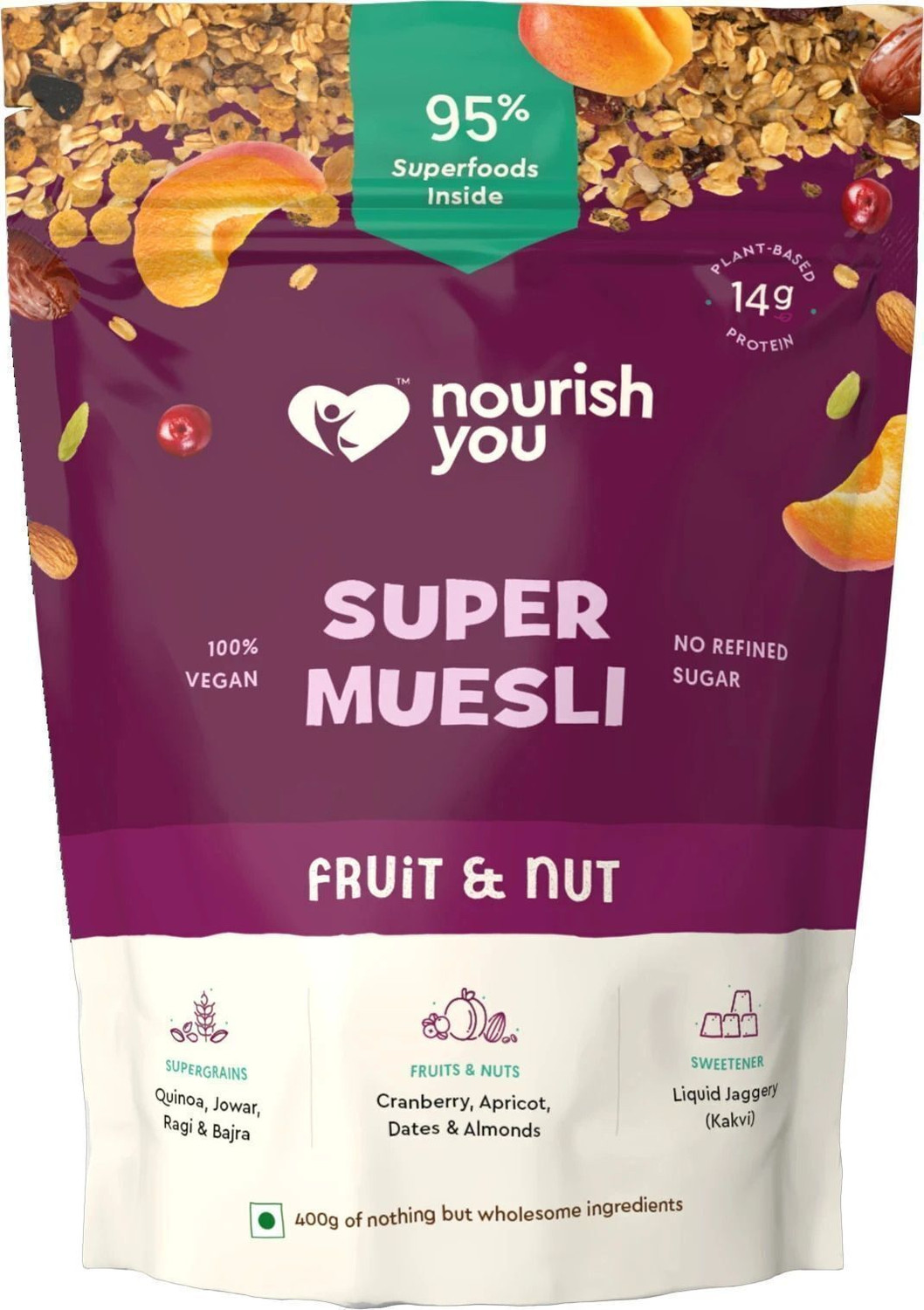Image of Nourish You by Nourish you Super Muesli, Fruit and Nut - 95% Superfoods with High Fibre & Protein Breakfas Pouch
