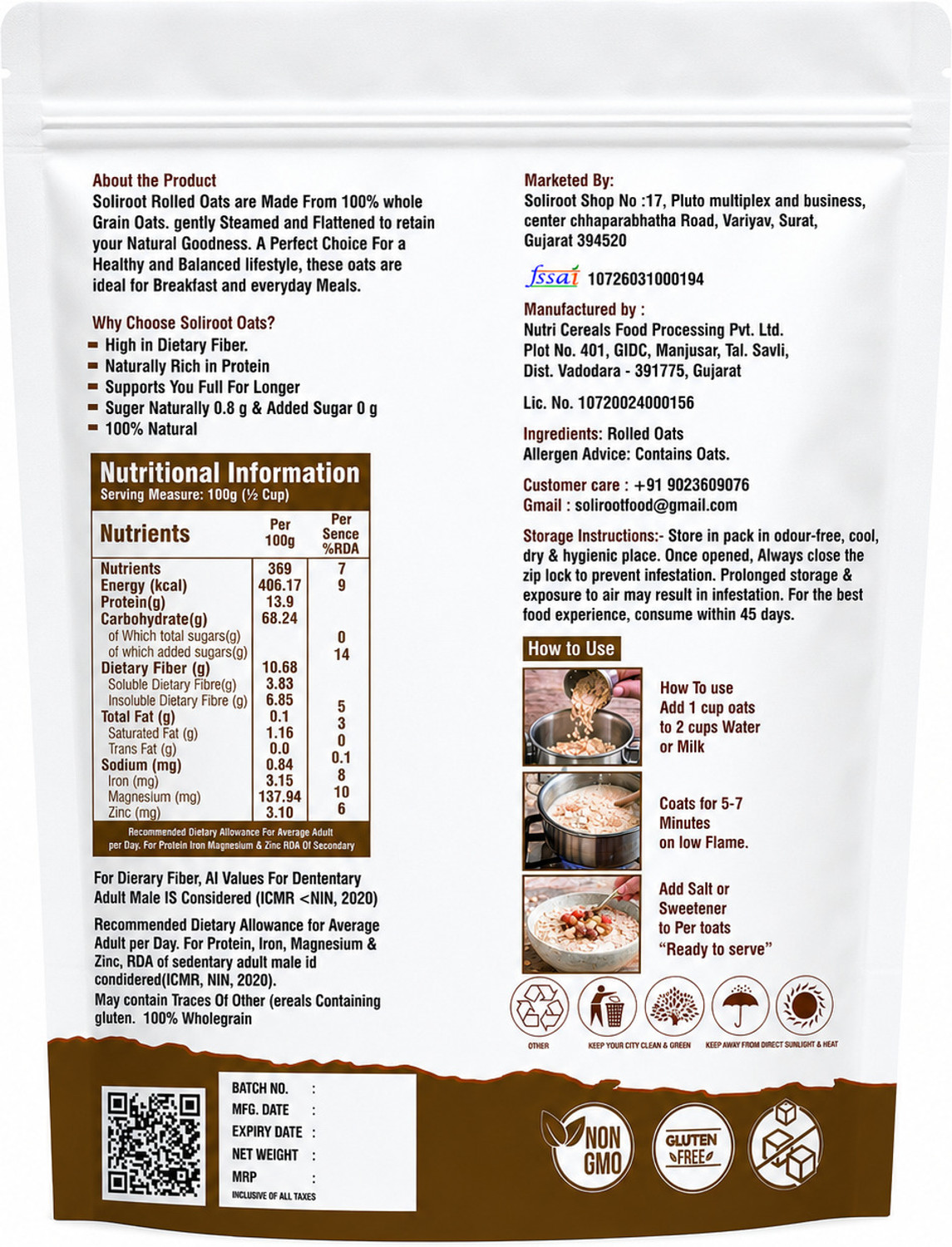 Image of Soliroot Premium Protien Rich Rolled Oats | High Fiber Healthy Breakfast Whole Grain Oats Pouch