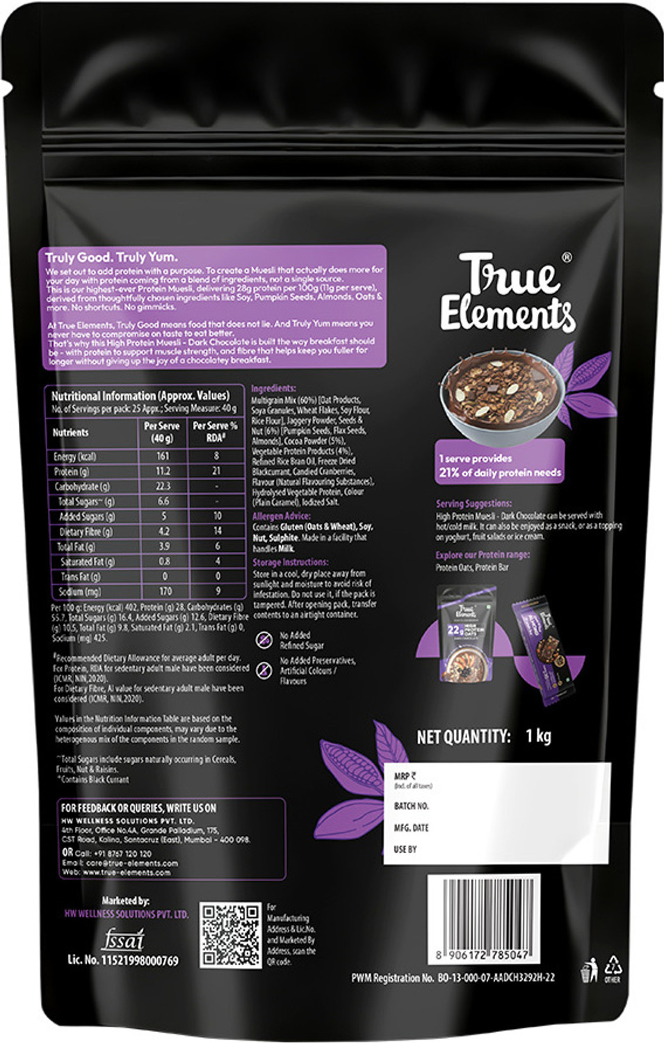 Image of True Elements 28g High Protein Muesli Dark Chocolate 1kg Pouch