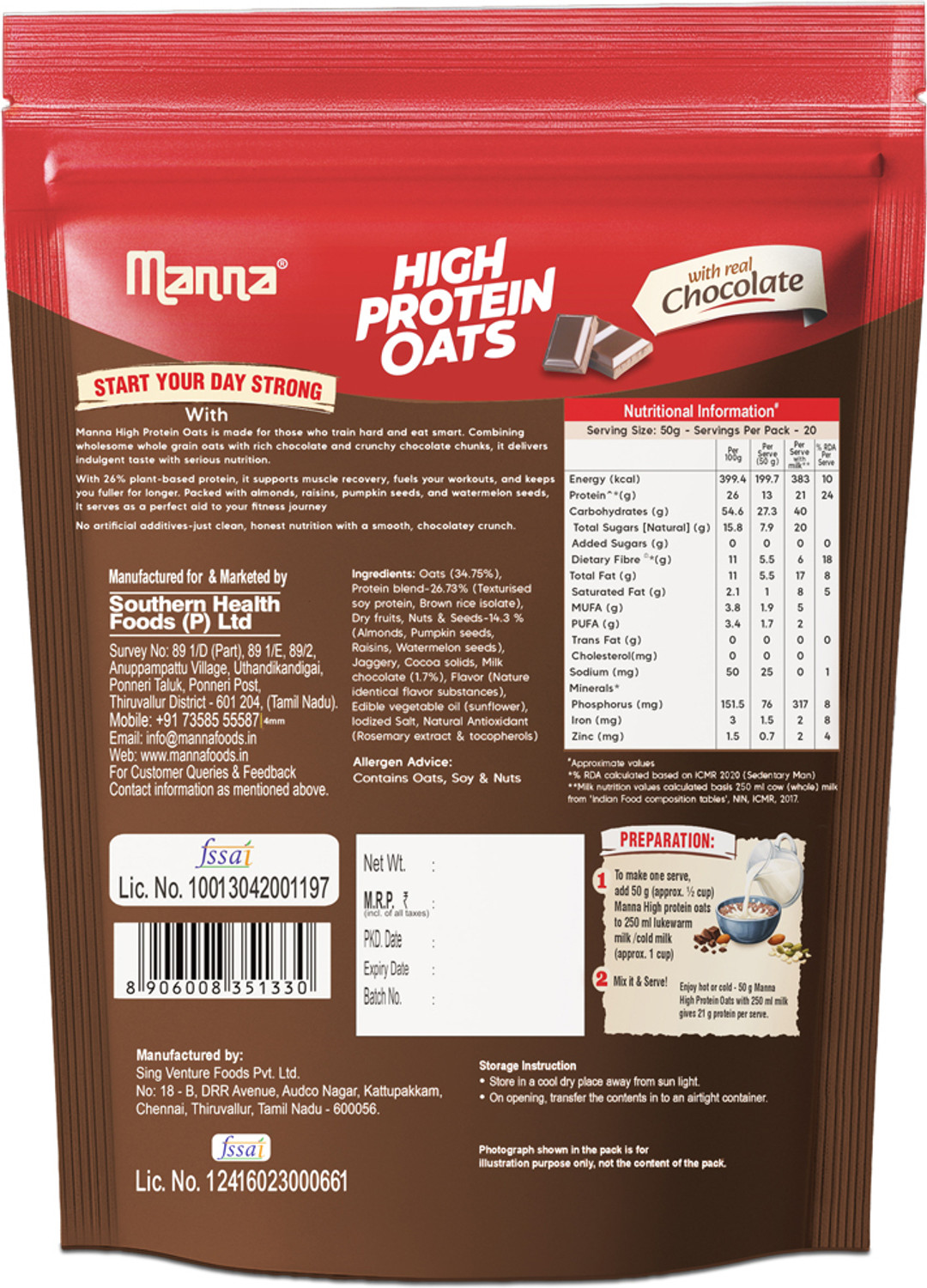 Image of Manna High Protein Oats - 26g Protein & 11g Fibre | Real Chocolate | Nuts & Seeds Pouch