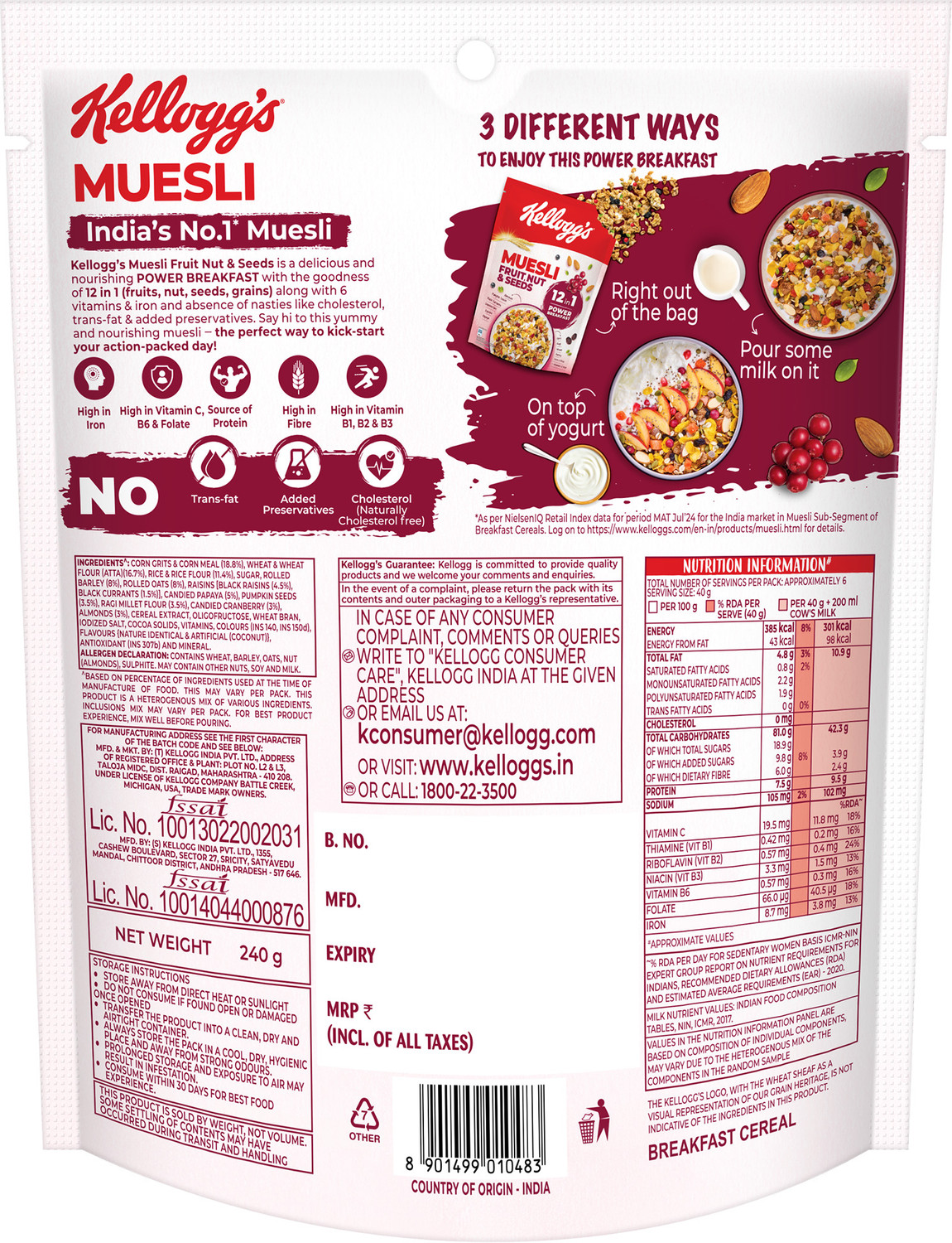 Image of Kellogg's Muesli Fruit Nut & Seeds | 12 In 1 Power Breakfast | No Maida No Palm Oil Pouch