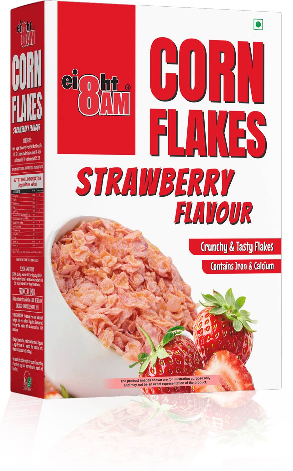 8AM Corn Flakes Strawberry, Healthy & Crunchy, Breakfast Cereal, Cholesterol Free Box