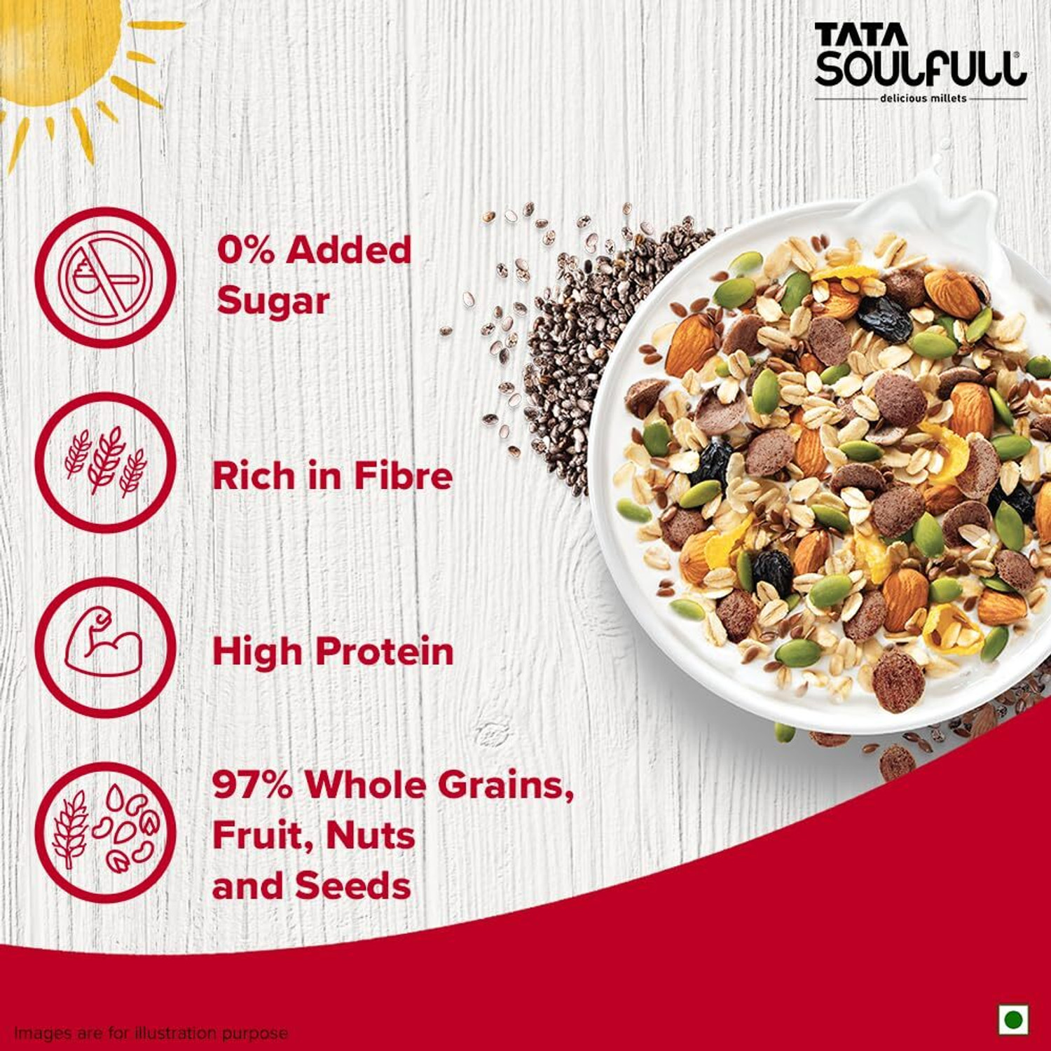 Image of Tata by na Soulfull 0% Added Sugar Millet Muesli, Fruit, Nut & Seeds, Contains Ragi Flakes Pouch