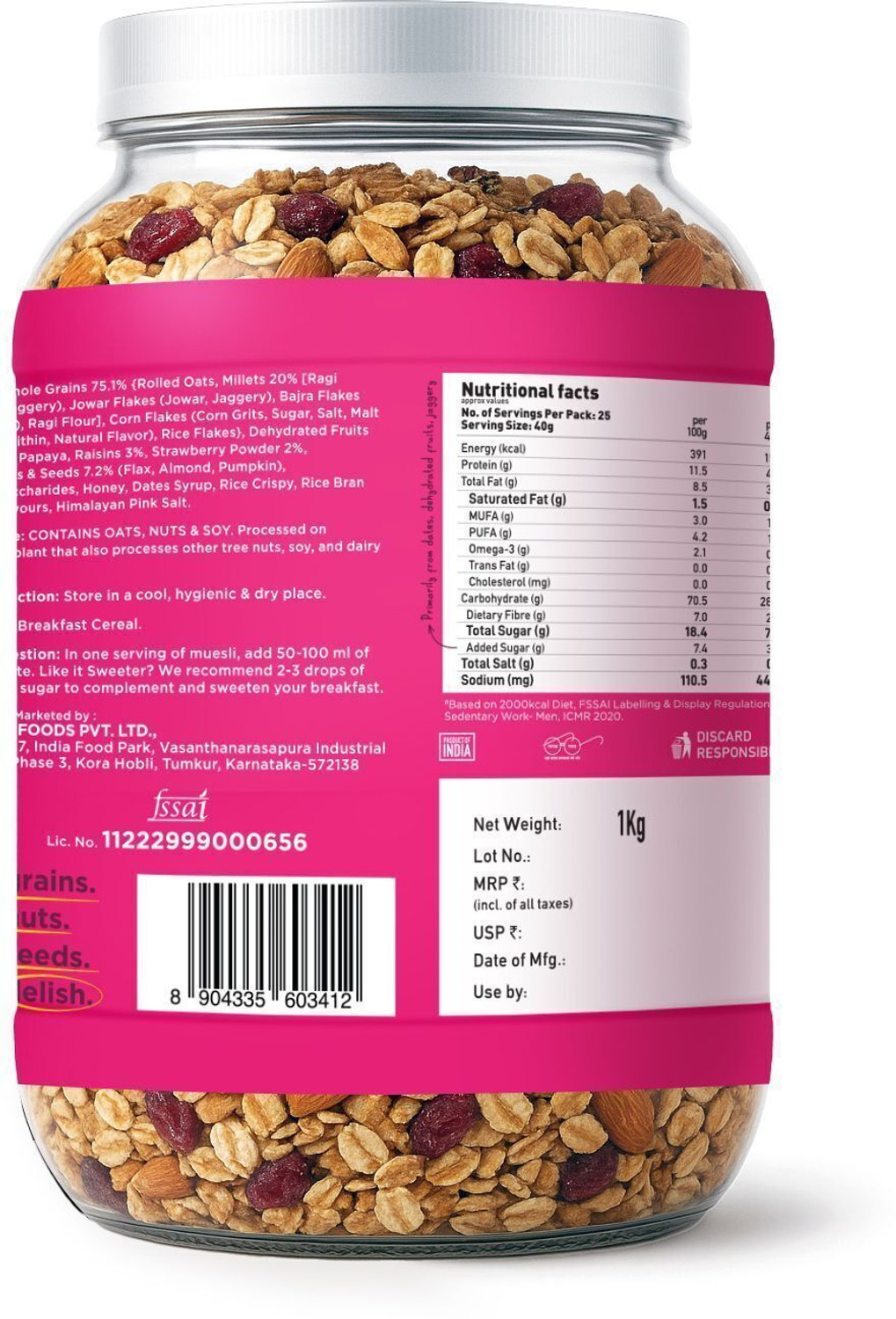 Image of Yogabar Muesli 1kg Jar |Fruits Nuts&Seeds|Breakfast Cereal with High Protein|Saver Pack Jar