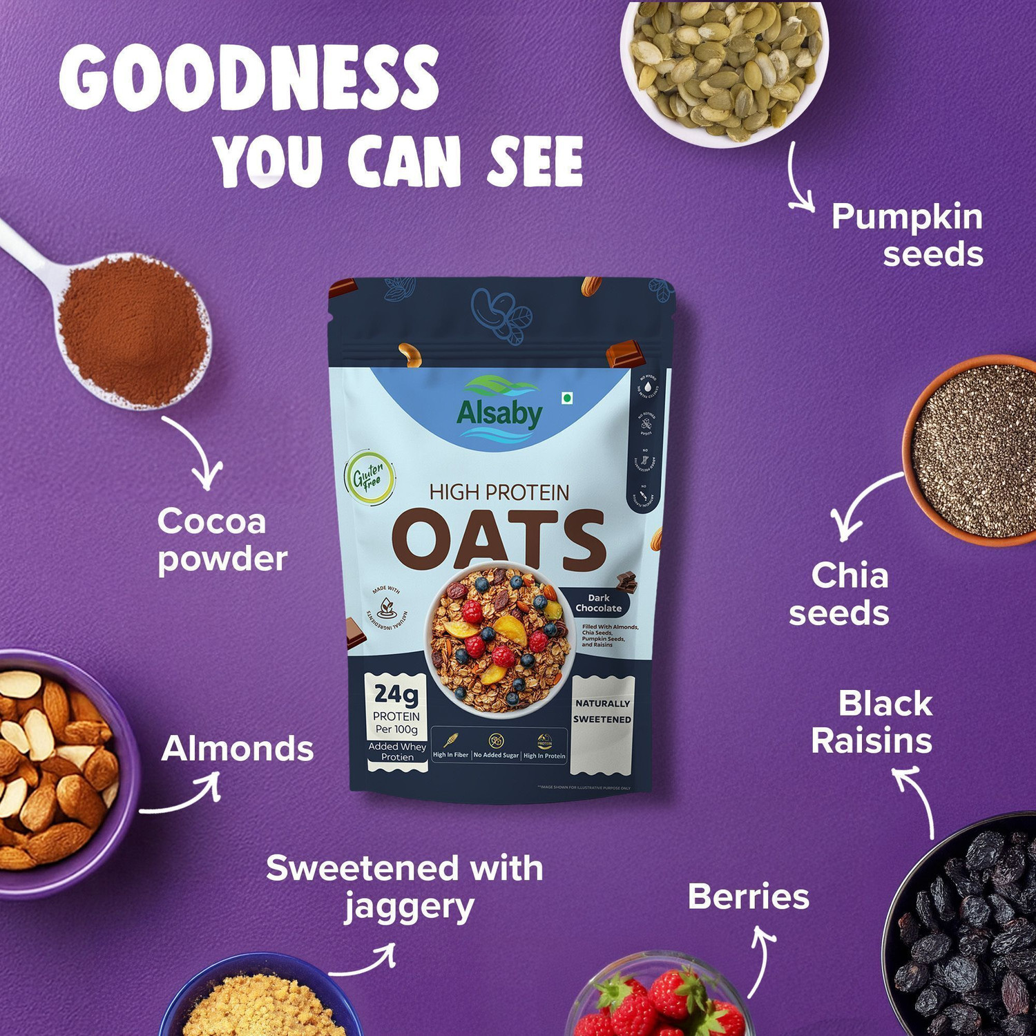 Image of ALSABY 24g Protein Oats (Dark Chocolate), Naturally Sweetened, Gluten Free, High Fibre Pouch