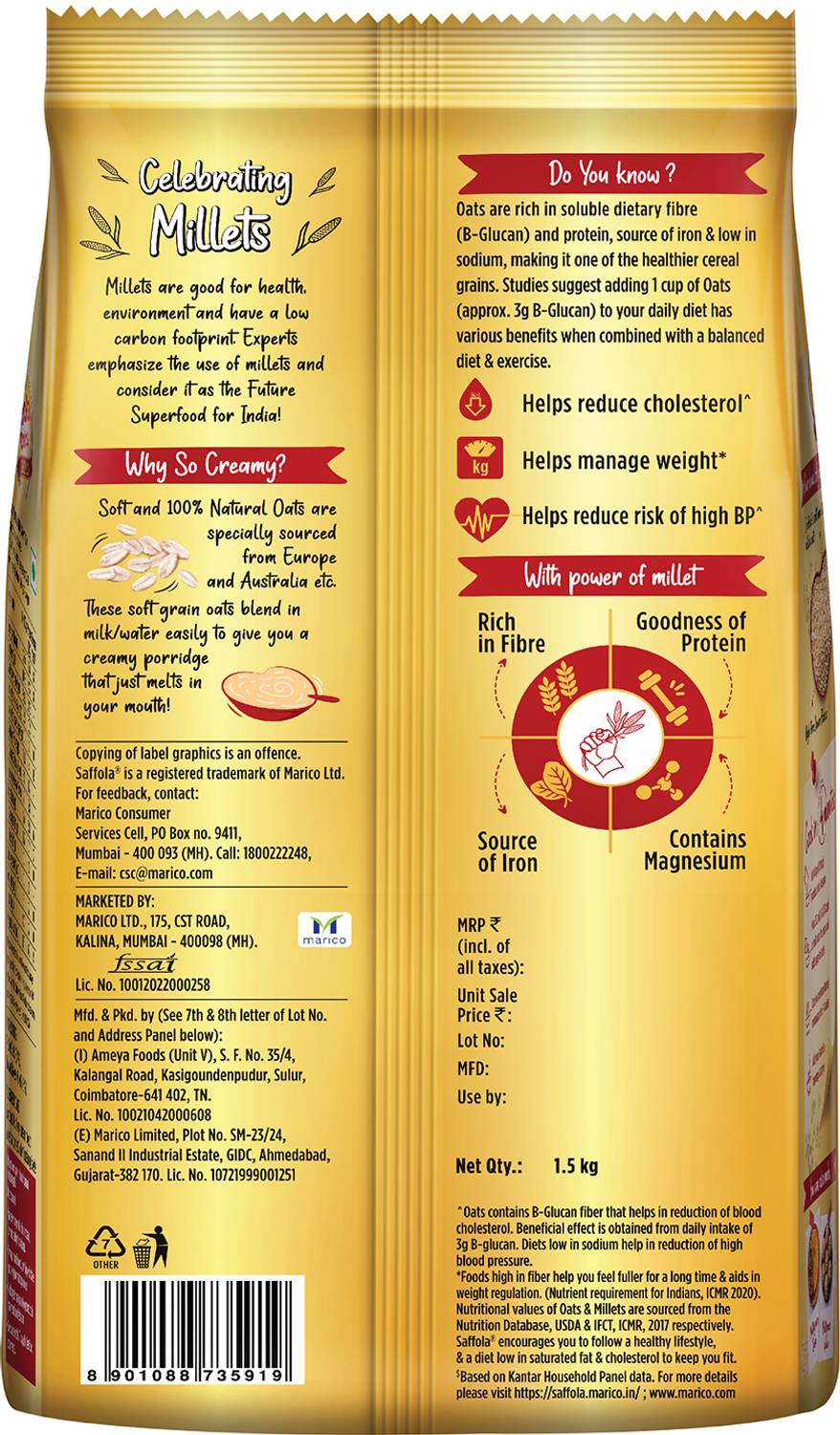 Saffola Oats Gold, Rolled Oats with Millet, 500g - Image 2