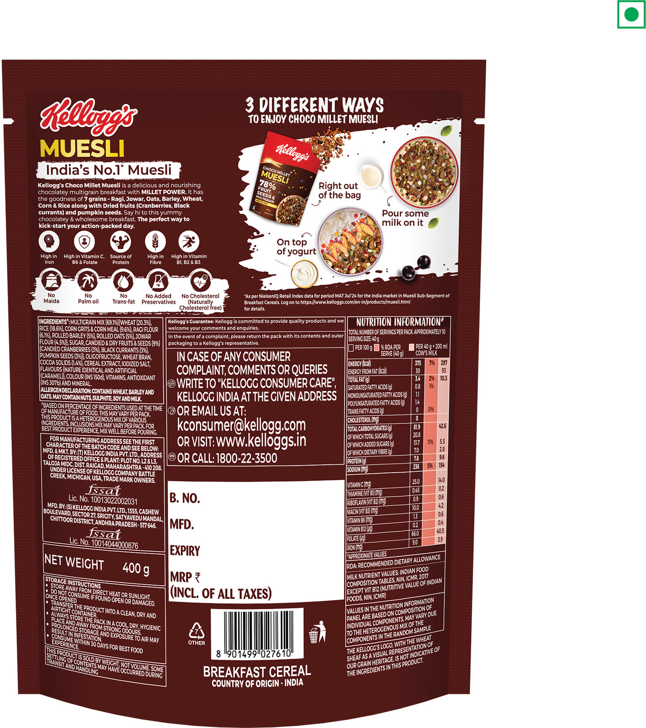 Image of Kellogg's by Kellogg's Choco Millet Muesli 78% Fruit, Seeds & Multigrain|Power Breakfast|No Palm Oil Pouch