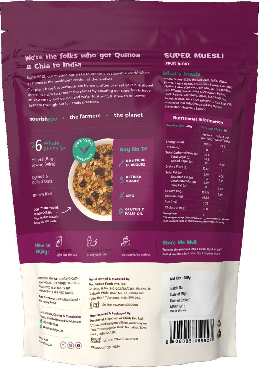 Image of Nourish You by Nourish you Super Muesli, Fruit and Nut - 95% Superfoods with High Fibre & Protein Breakfas Pouch