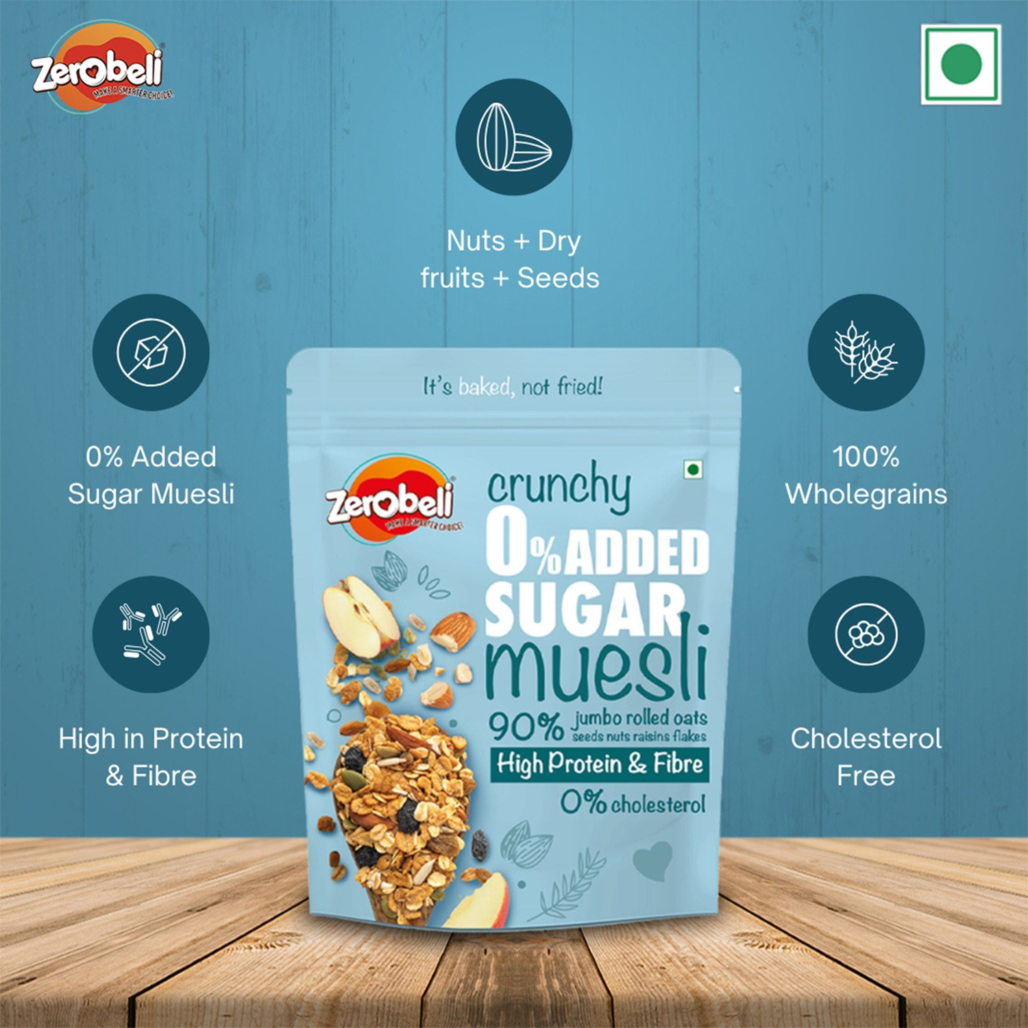 Image of Zerobeli Crunchy 0% Added Sugar Muesli | High Protein Diabetic Friendly |100% Wholegrain Pouch