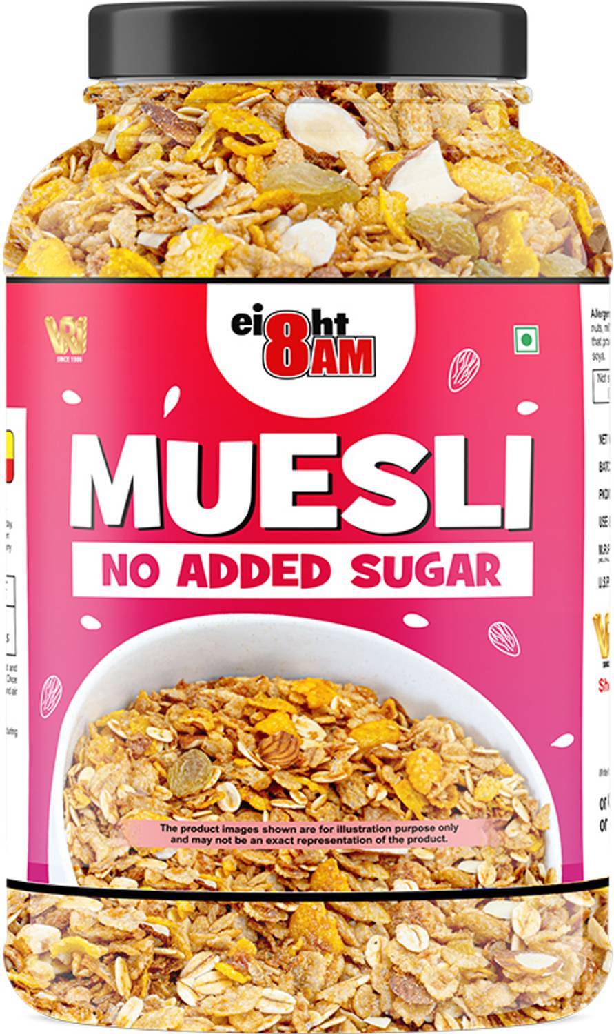 8AM Muesli No Added Sugar, 96% Whole Grains, Dry Fruits & Nuts, with Almonds & Seeds Jar
