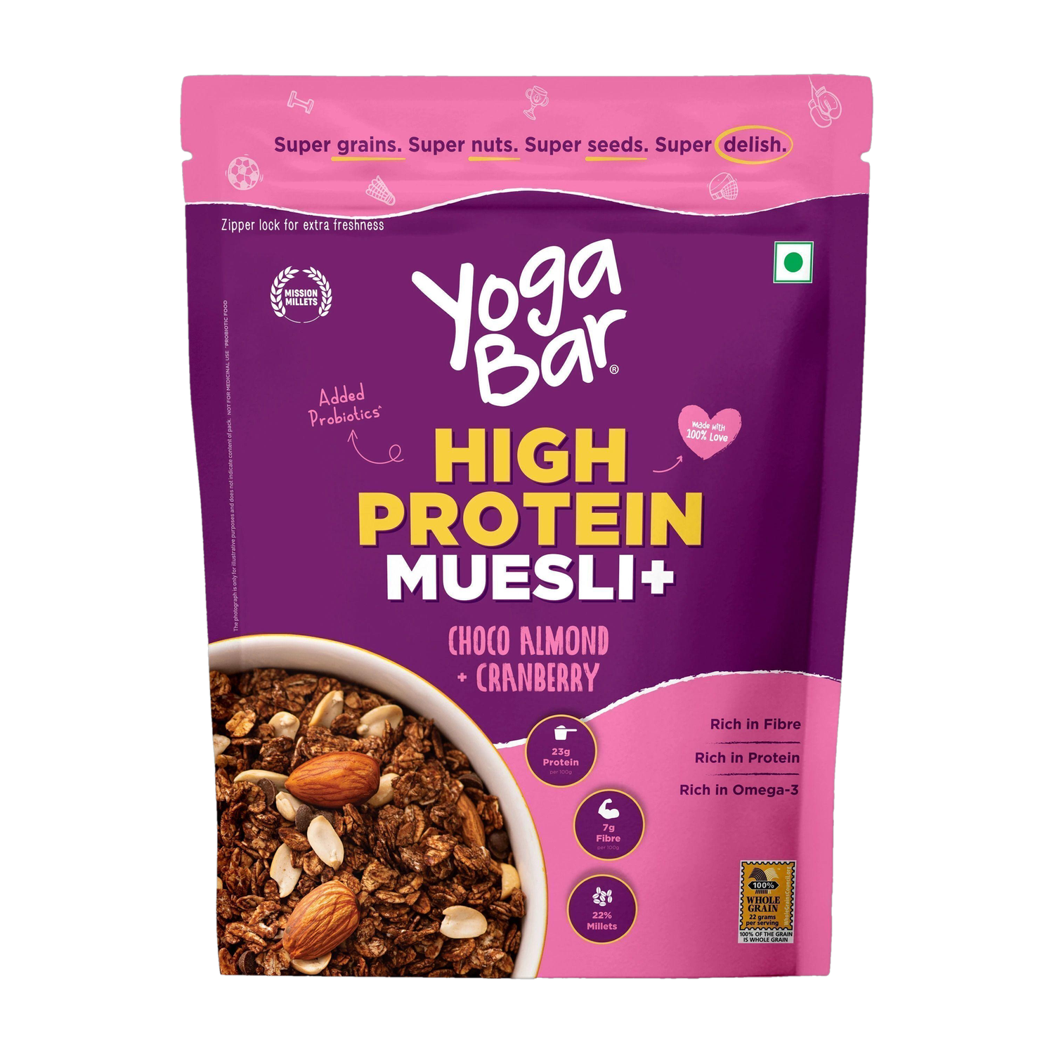 Yogabar High Protein Muesli, Choco Almond & Cranberry