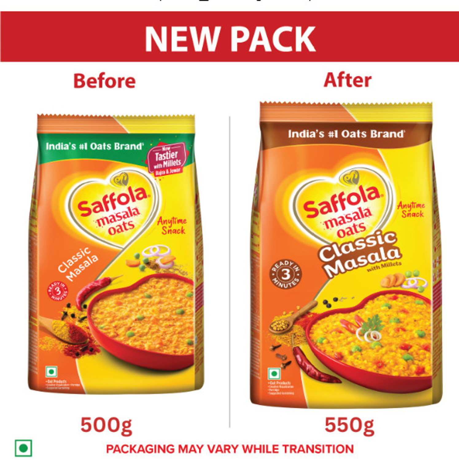 Image of Saffola Masala Oats |Masala Coriander|Anytime Snack |Ready in 3 mins |Millets Goodness Pouch